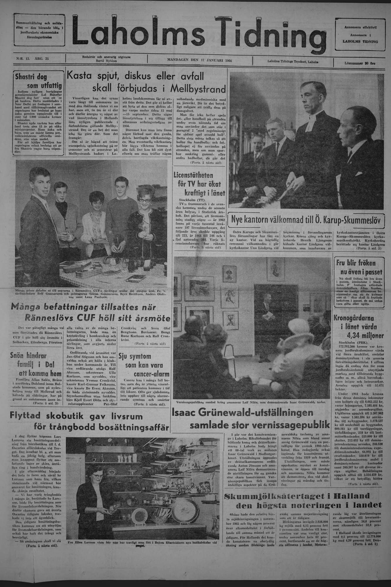 Laholms Tidning Måndag 17 januari 1966, sida 1