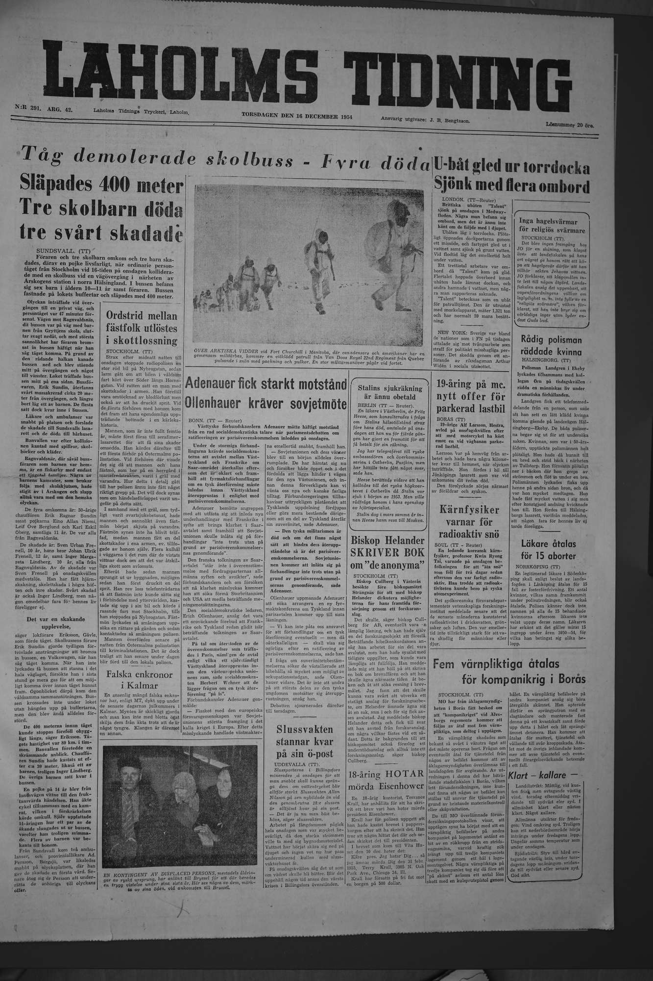Laholms Tidning Torsdag 16 december 1954, sida 1