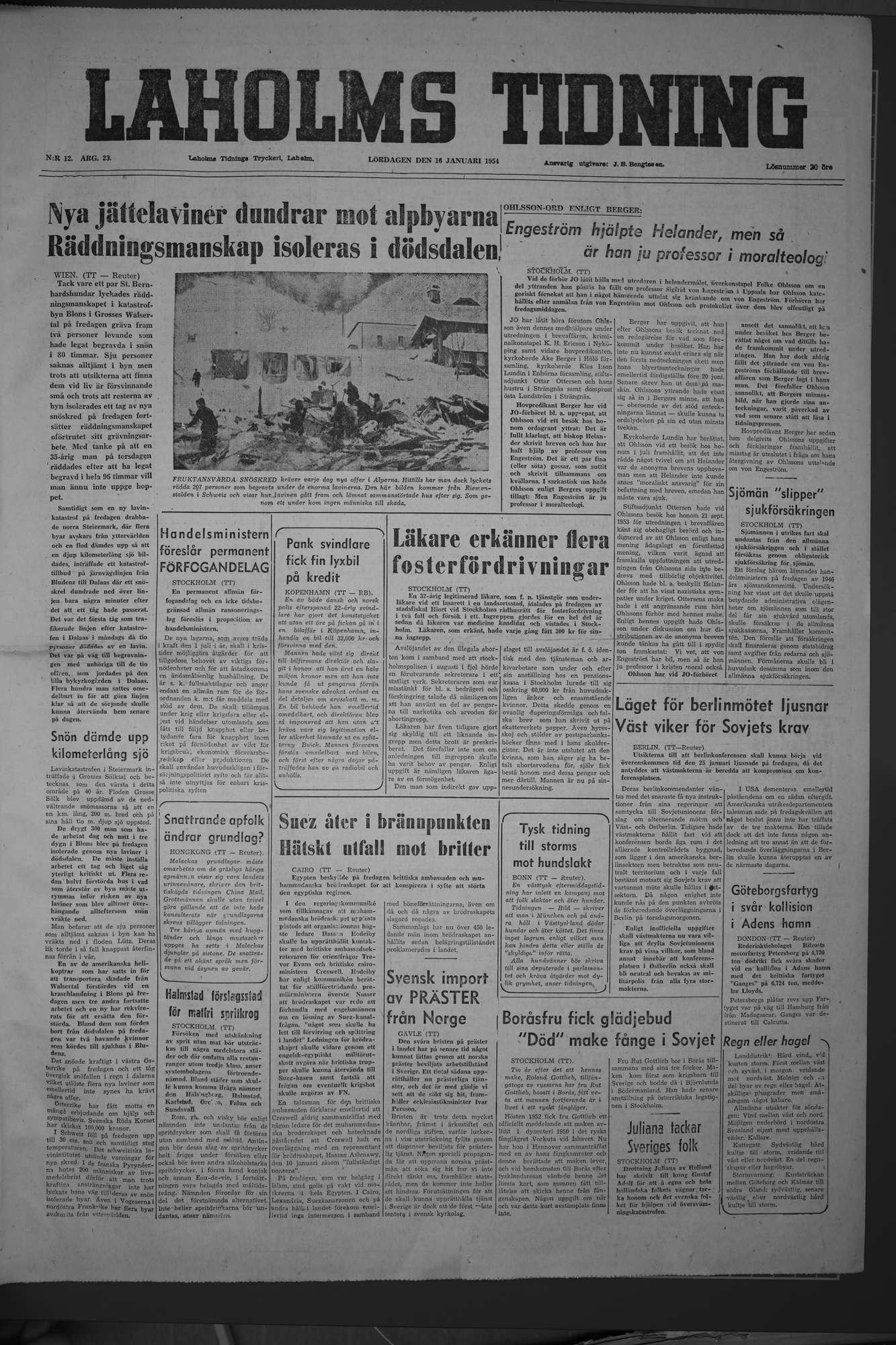 Laholms Tidning Lördag 16 januari 1954, sida 1