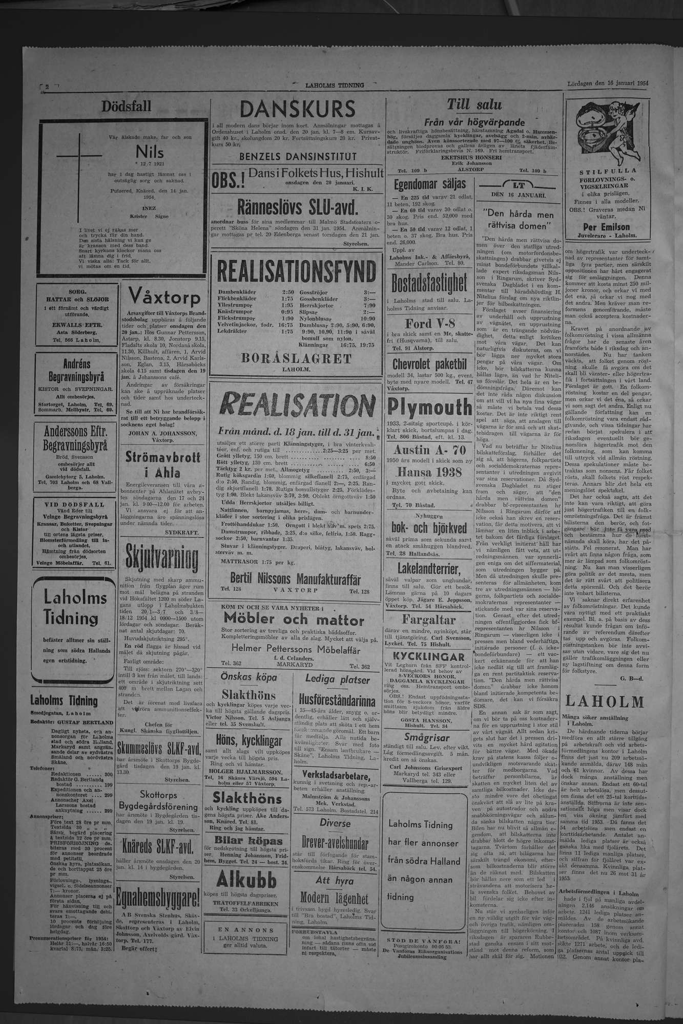 Laholms Tidning Lördag 16 januari 1954, sida 2