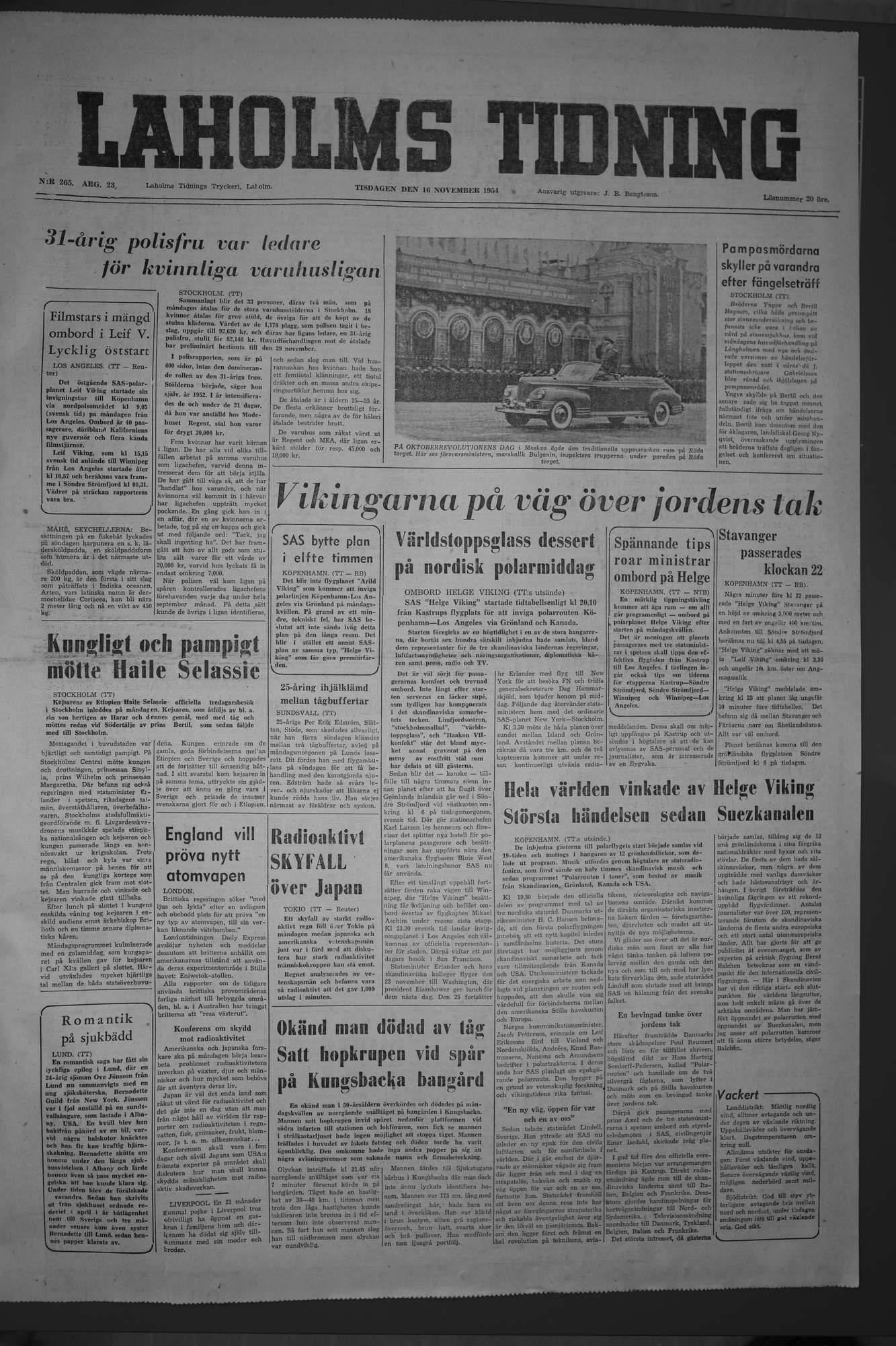 Laholms Tidning Tisdag 16 november 1954, sida 1
