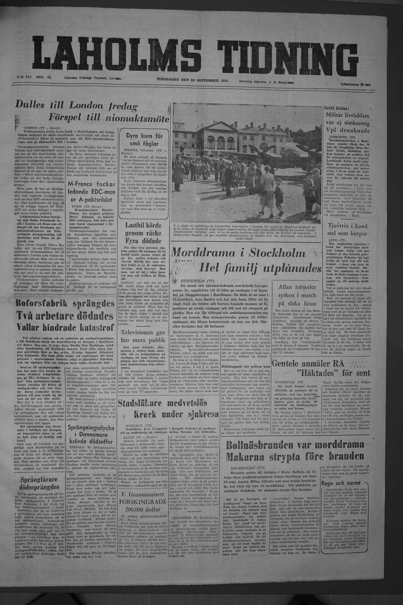Laholms Tidning Torsdag 16 september 1954, sida 1