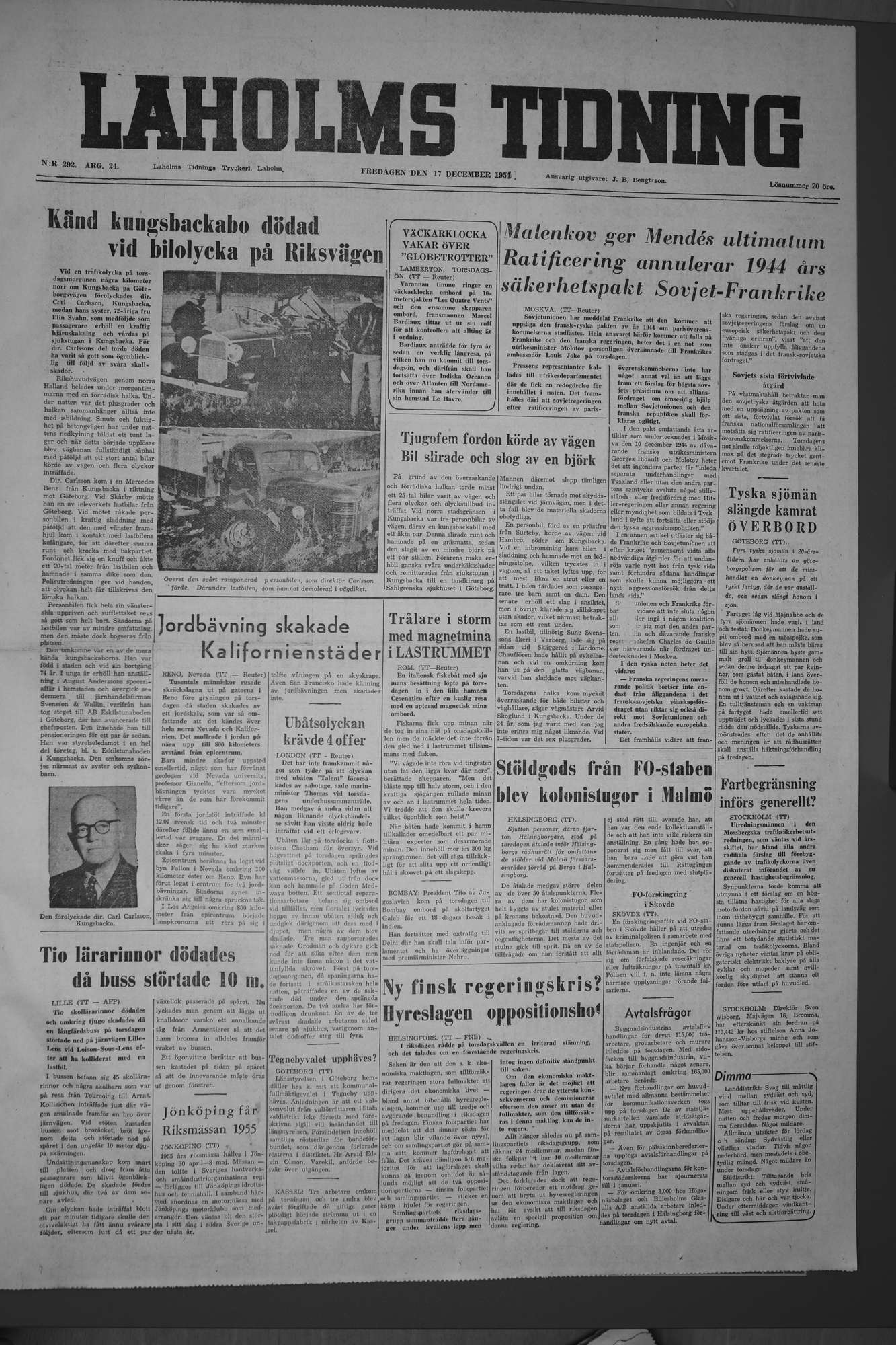 Laholms Tidning Fredag 17 december 1954, sida 1