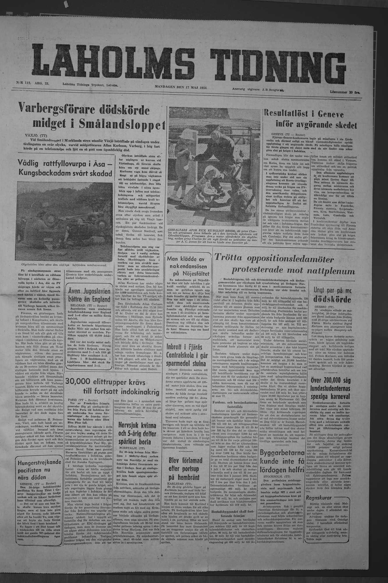Laholms Tidning Måndag 17 maj 1954, sida 1