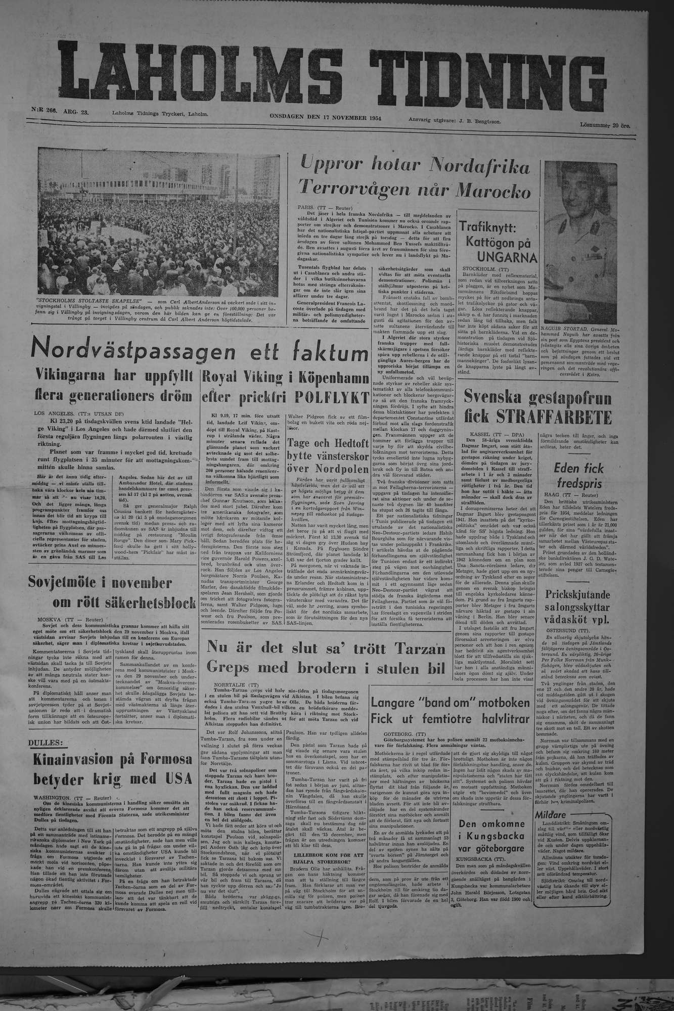 Laholms Tidning Onsdag 17 november 1954, sida 1