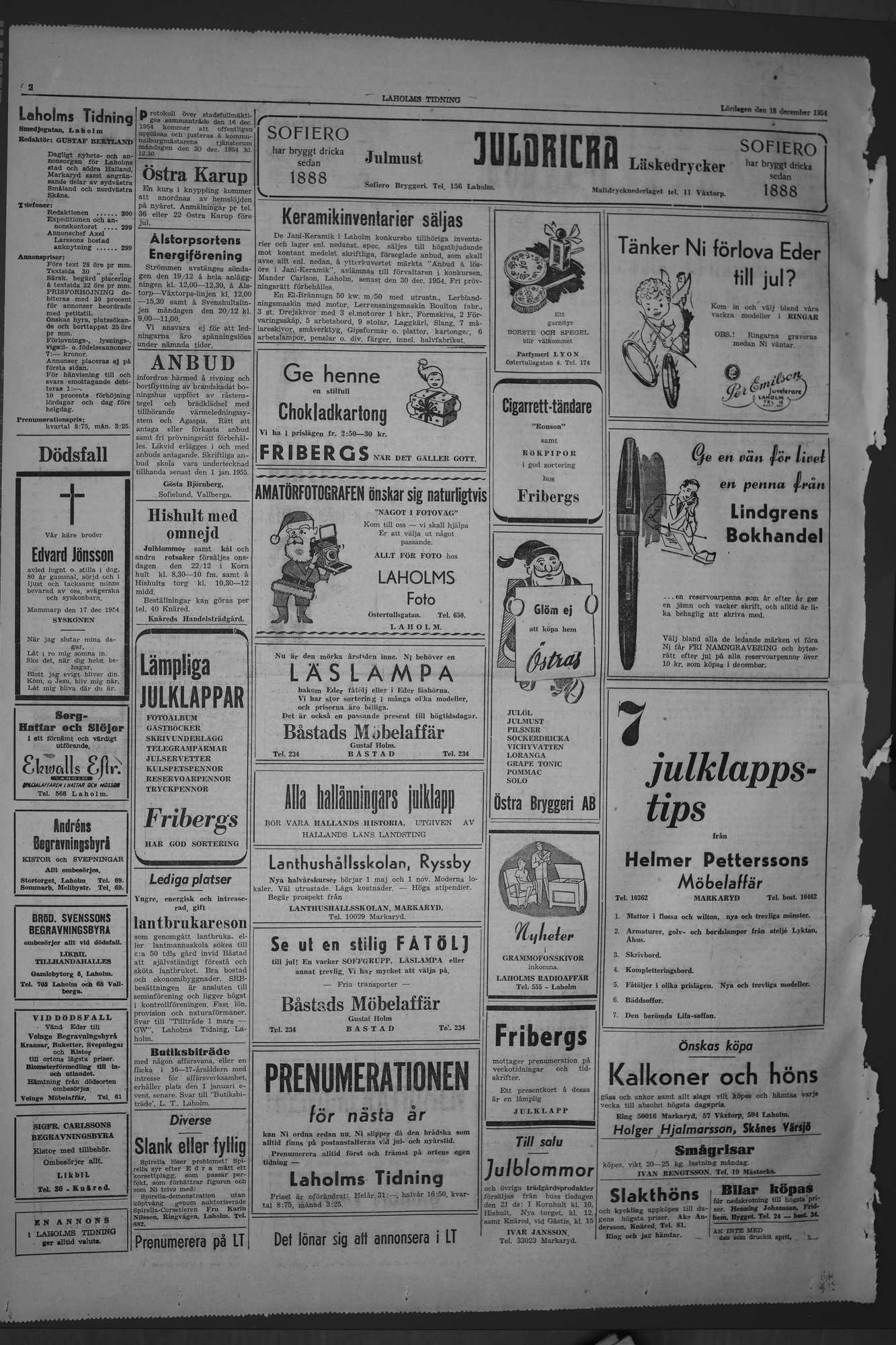 Laholms Tidning Lördag 18 december 1954, sida 2