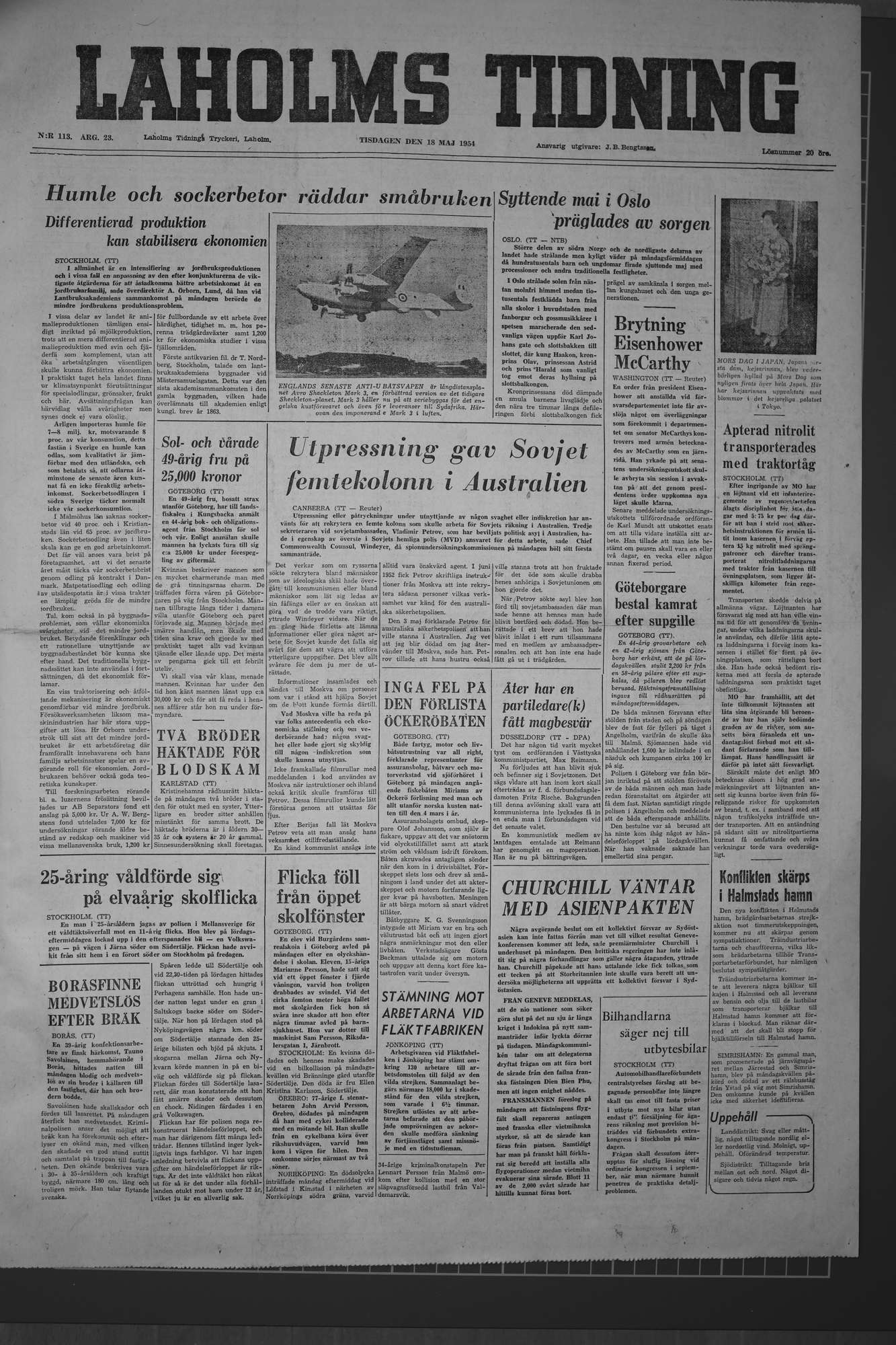 Laholms Tidning Tisdag 18 maj 1954, sida 1