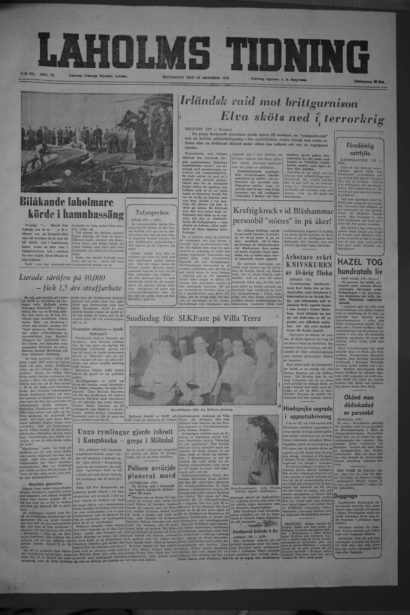 Laholms Tidning Måndag 18 oktober 1954, sida 1