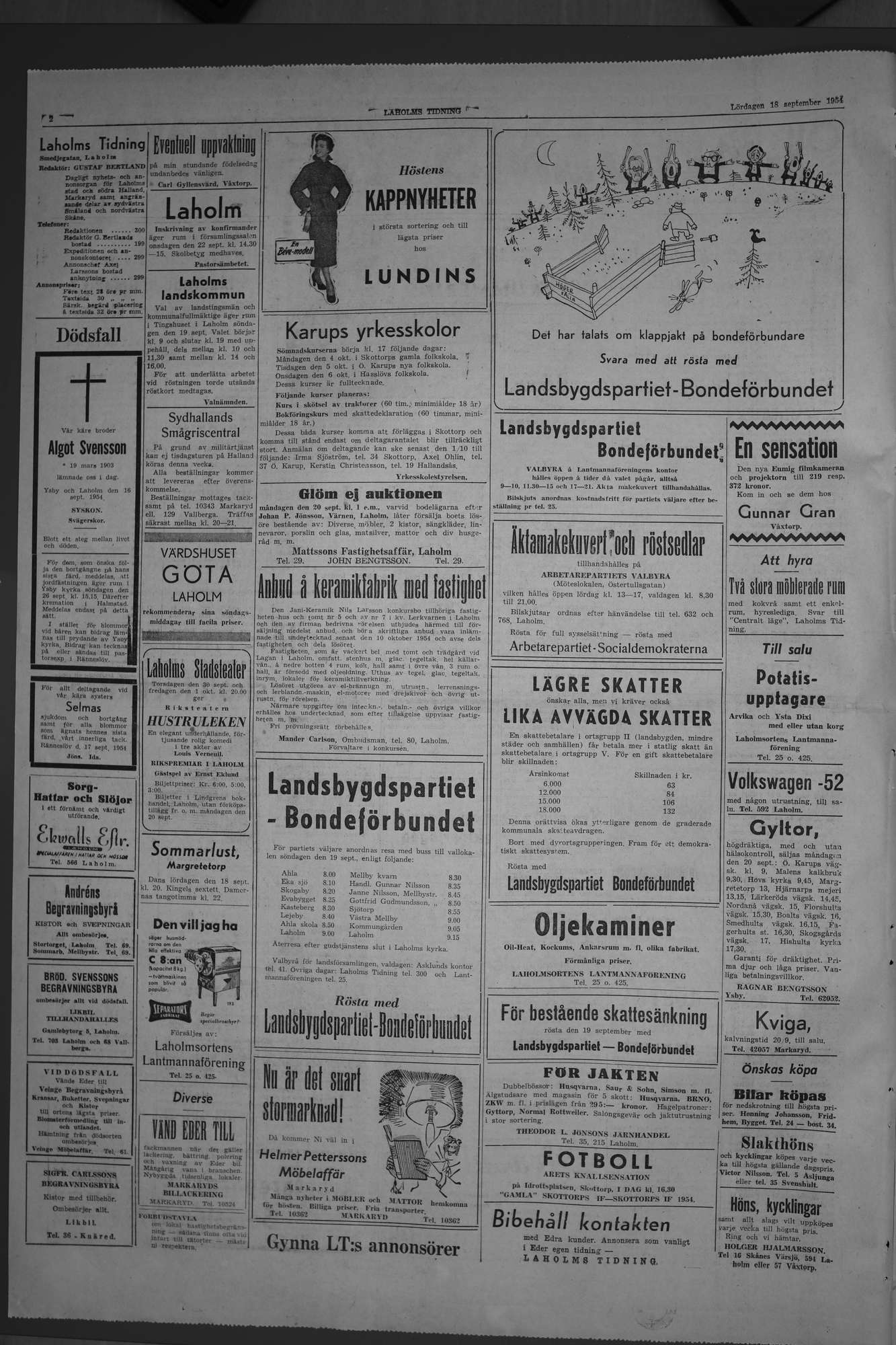 Laholms Tidning Lördag 18 september 1954, sida 2