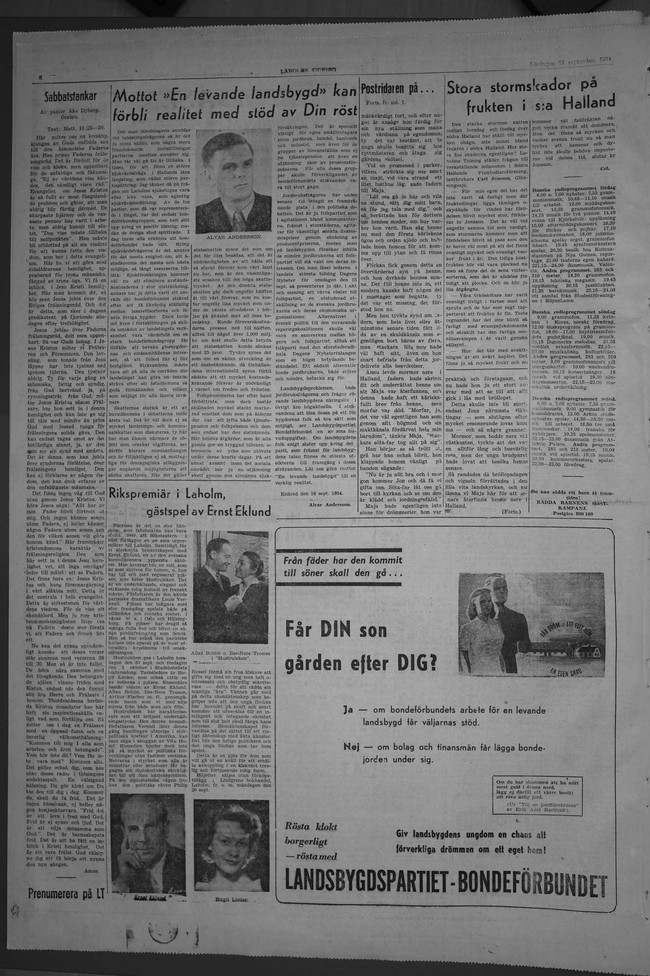 Laholms Tidning Lördag 18 september 1954, sida 6
