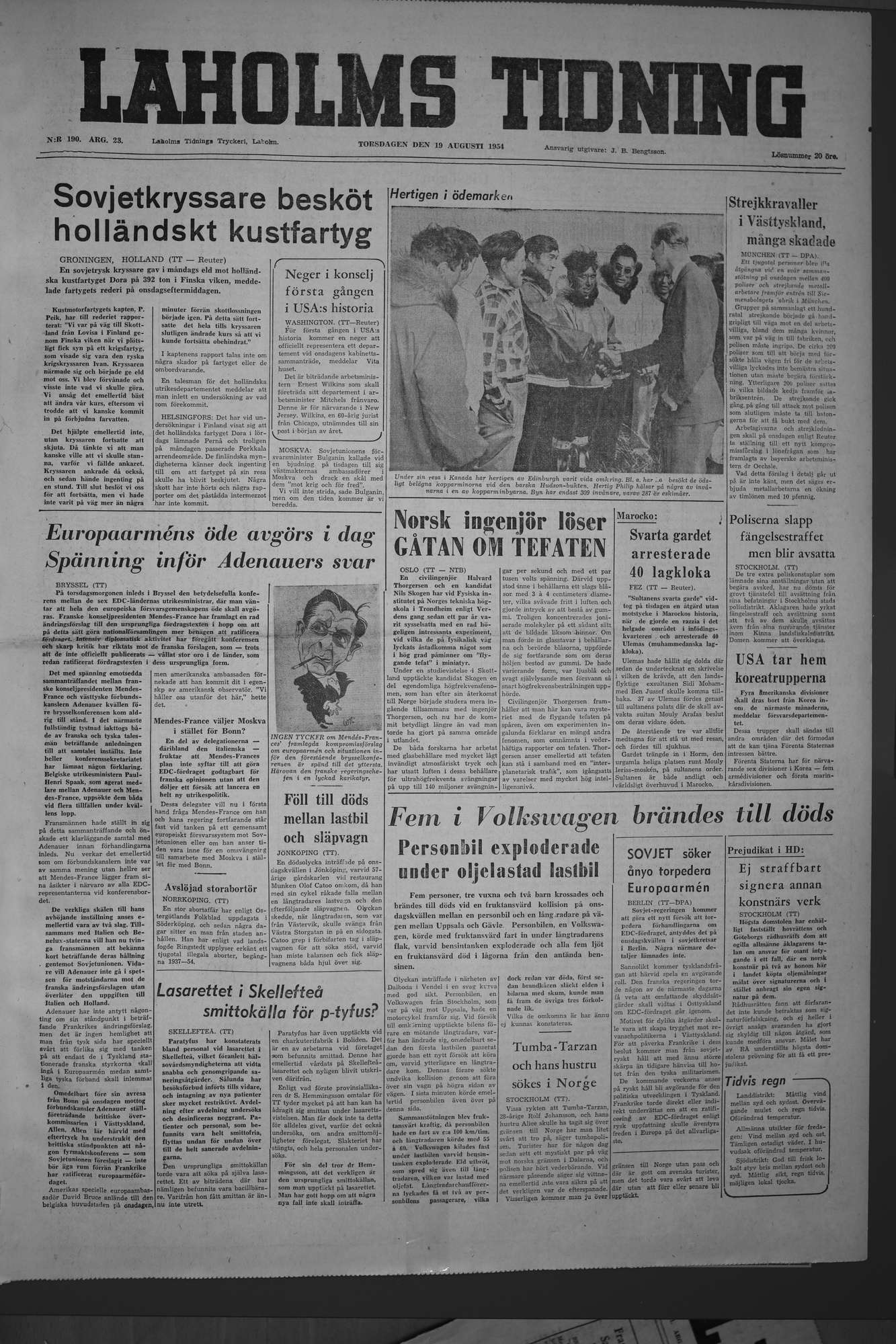 Laholms Tidning Torsdag 19 augusti 1954, sida 1