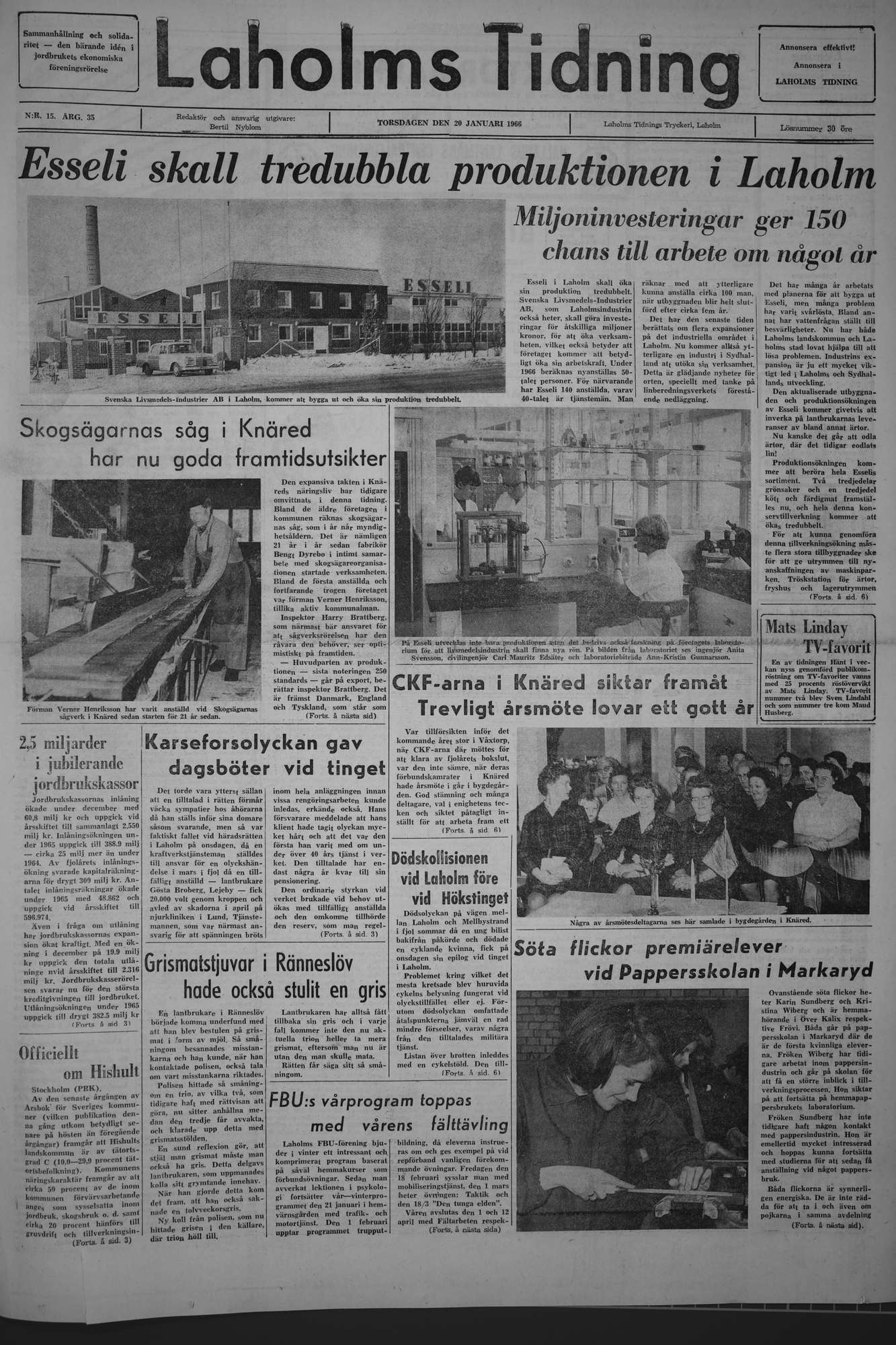 Laholms Tidning Torsdag 20 januari 1966, sida 1