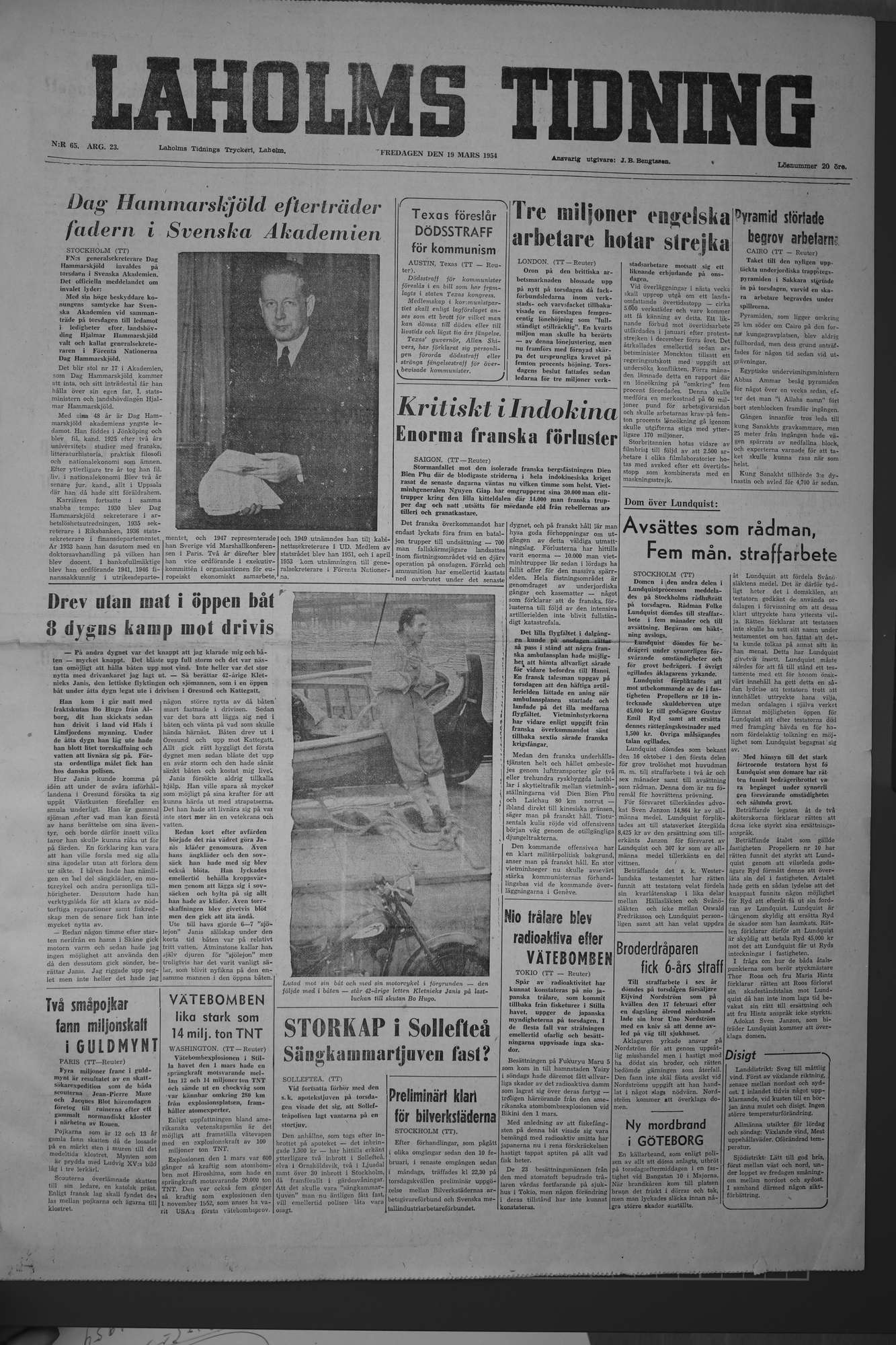 Laholms Tidning Fredag 19 mars 1954, sida 1