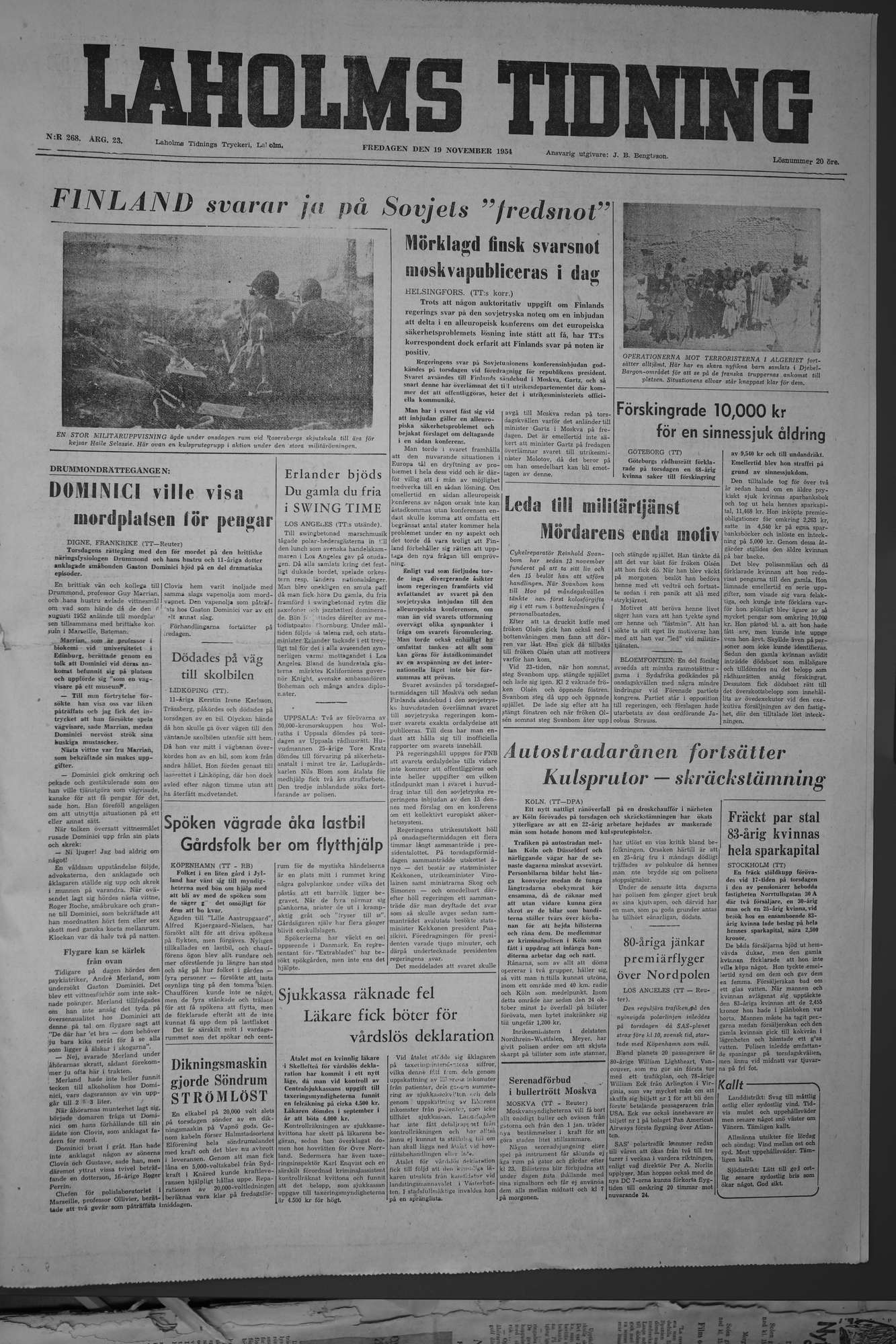 Laholms Tidning Fredag 19 november 1954, sida 1