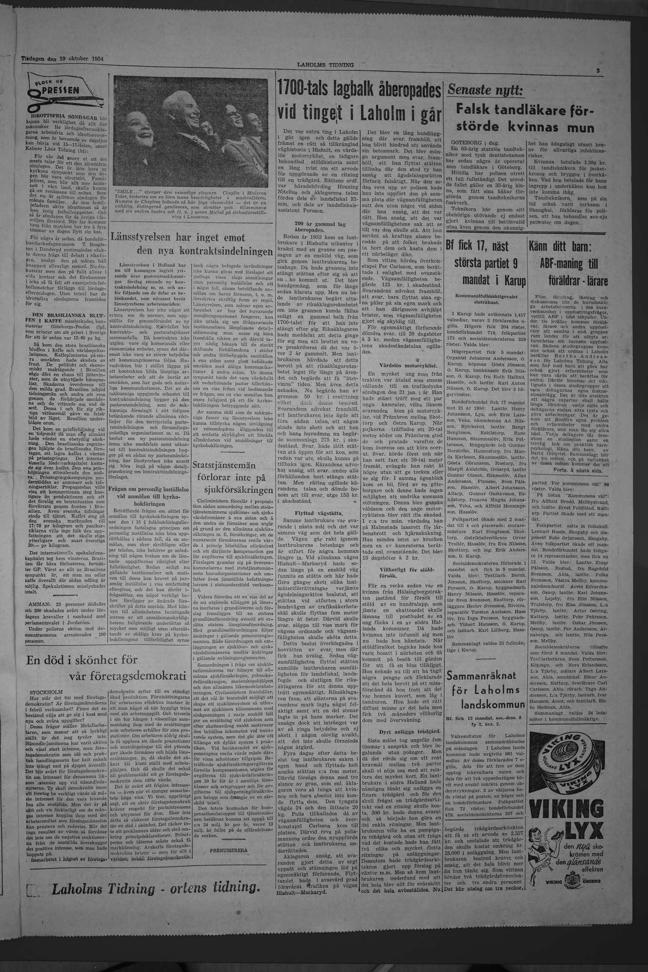 Laholms Tidning Tisdag 19 oktober 1954, sida 3