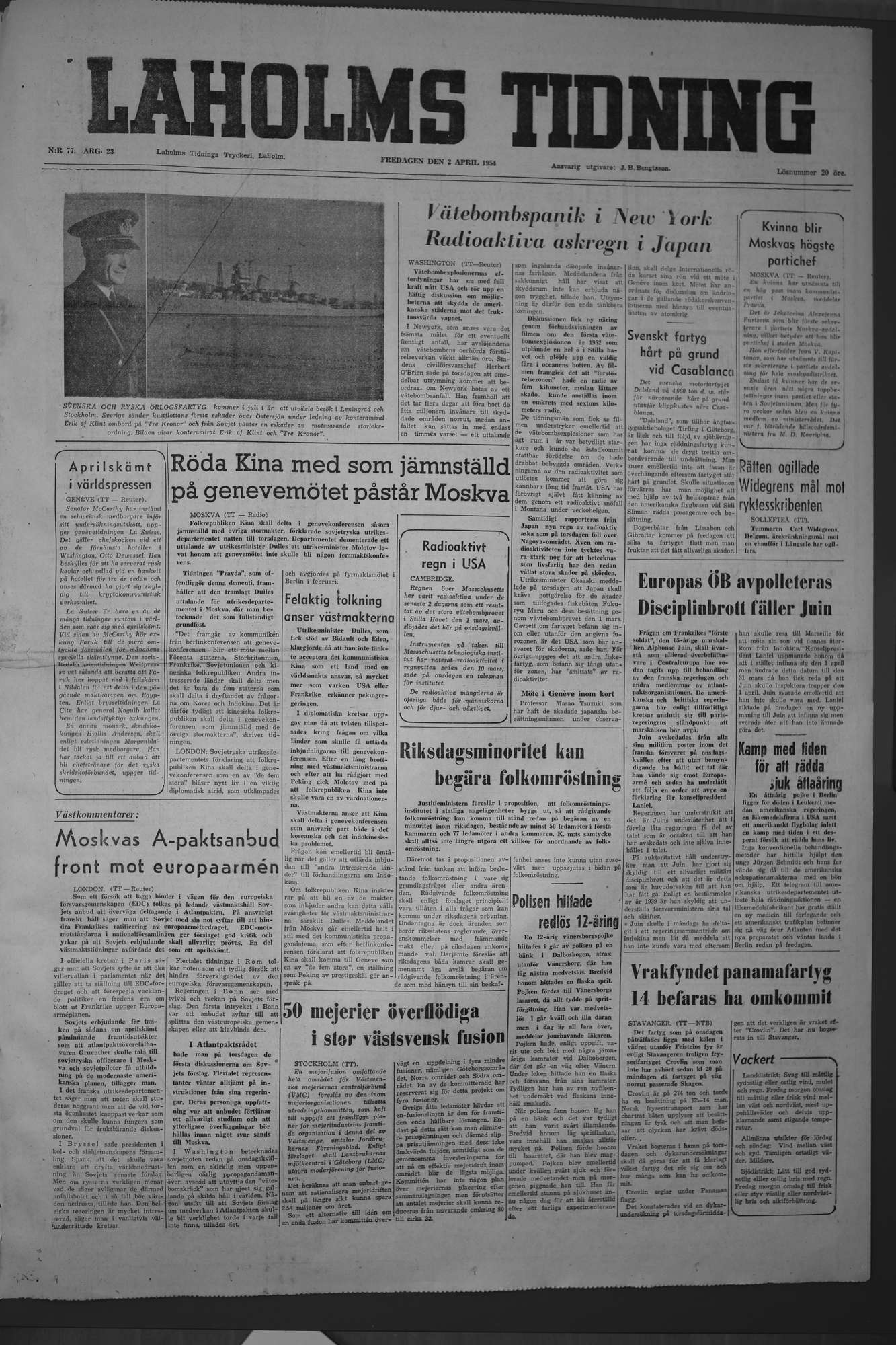 Laholms Tidning Fredag 2 april 1954, sida 1
