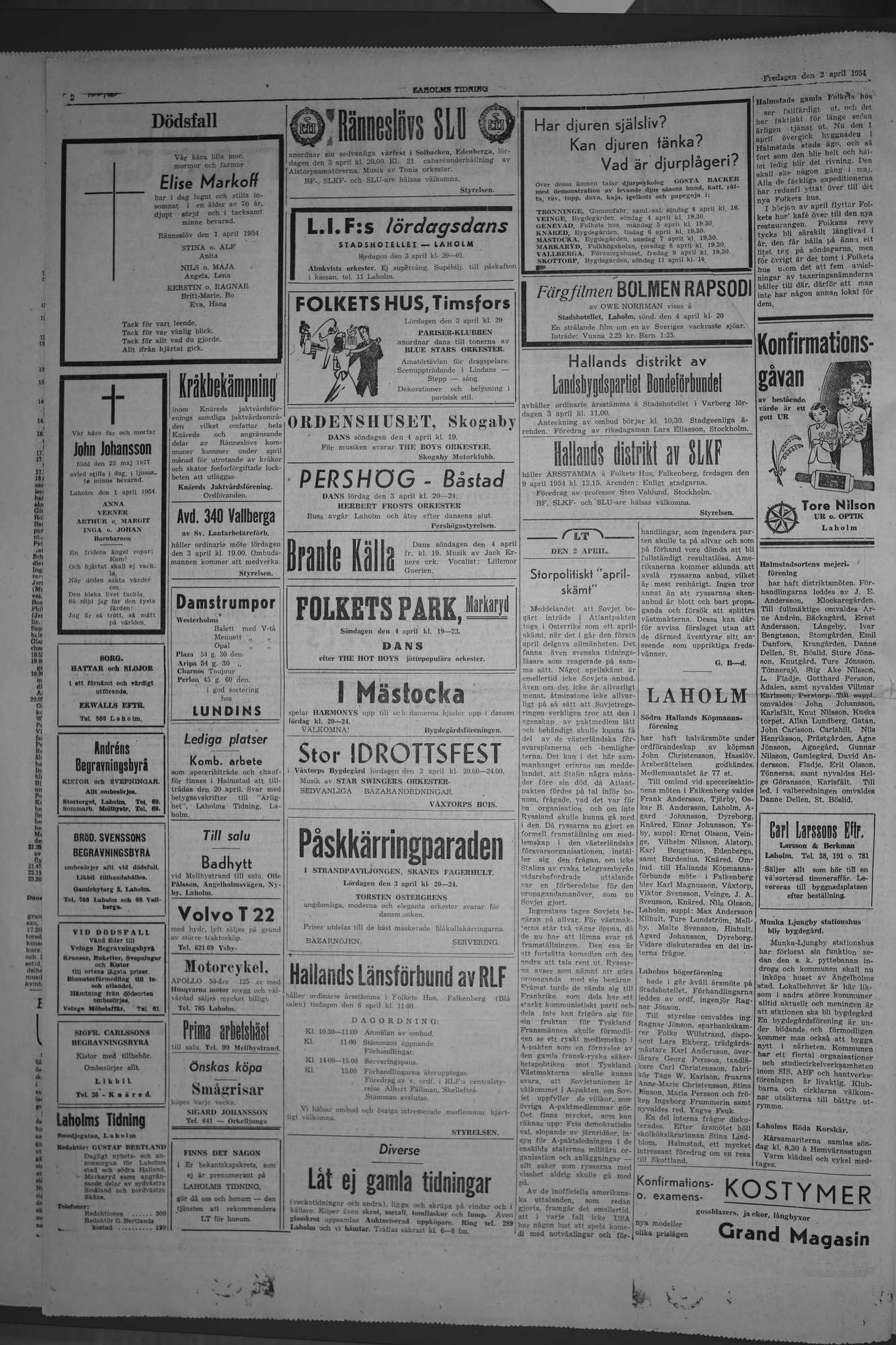 Laholms Tidning Fredag 2 april 1954, sida 2
