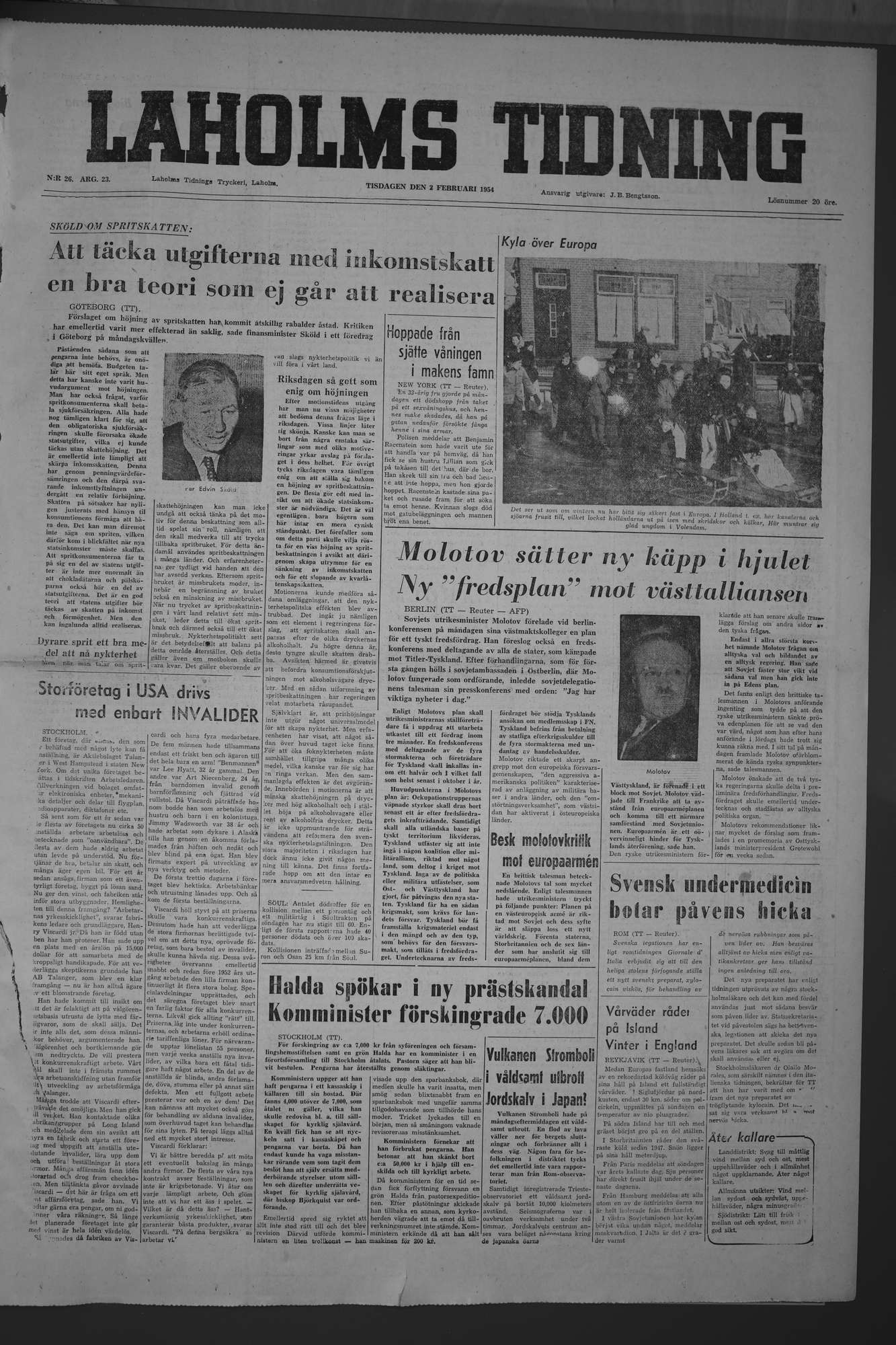 Laholms Tidning Tisdag 2 februari 1954, sida 1