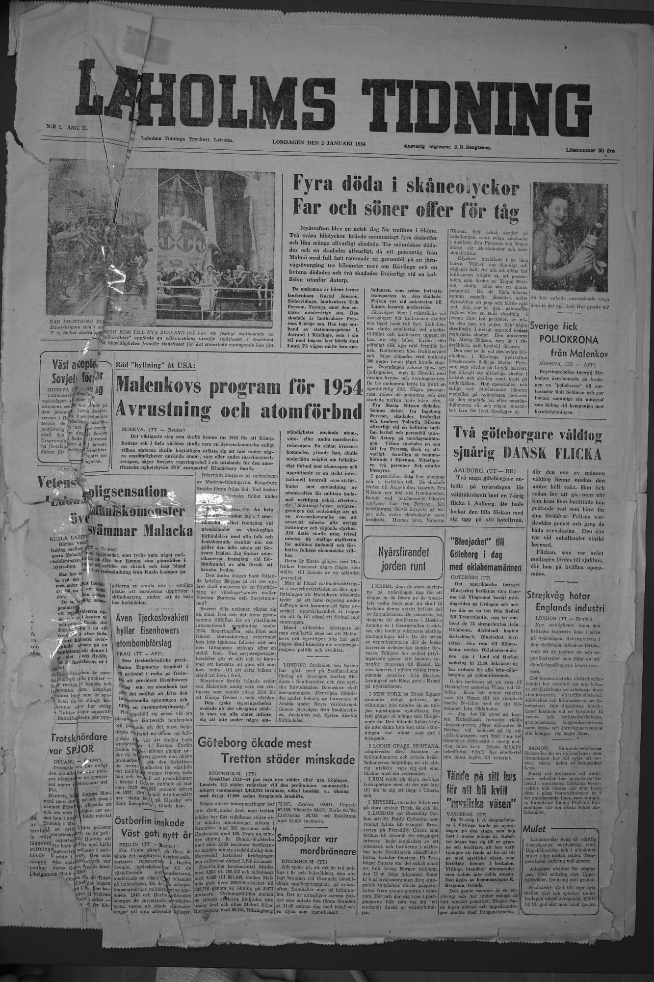 Laholms Tidning Lördag 2 januari 1954, sida 1