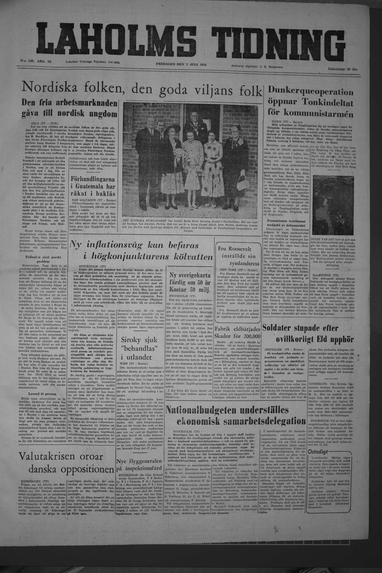 Laholms Tidning Fredag 2 juli 1954, sida 1