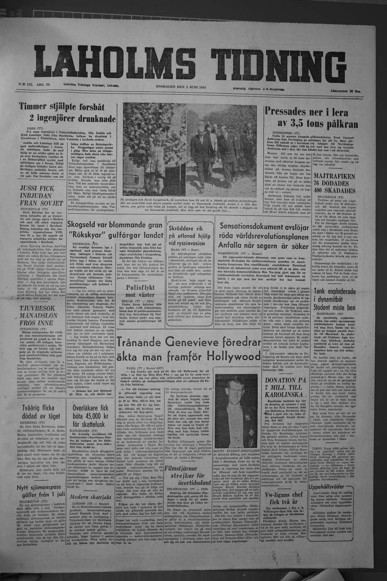 Laholms Tidning Onsdag 2 juni 1954, sida 1