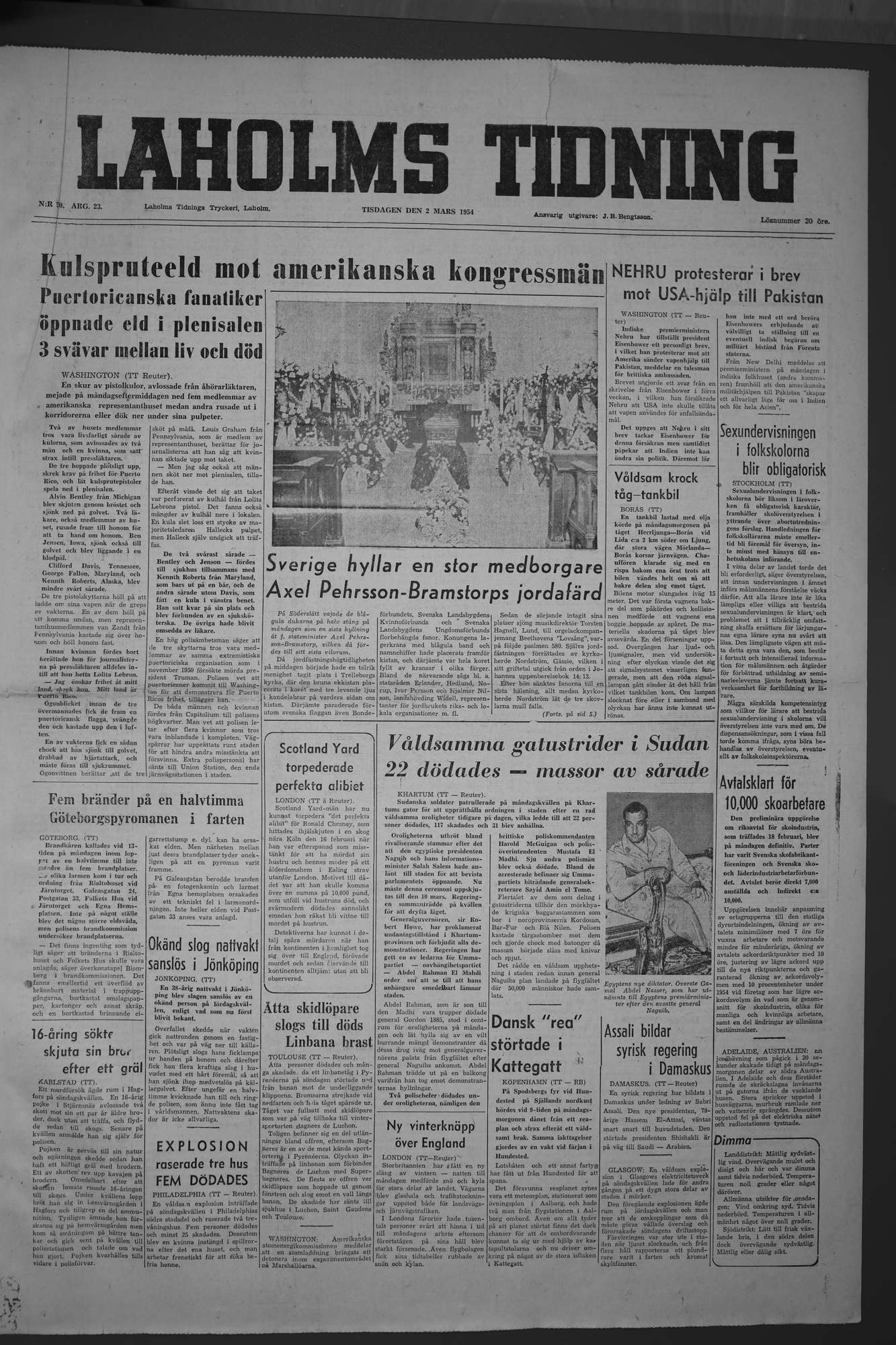 Laholms Tidning Tisdag 2 mars 1954, sida 1