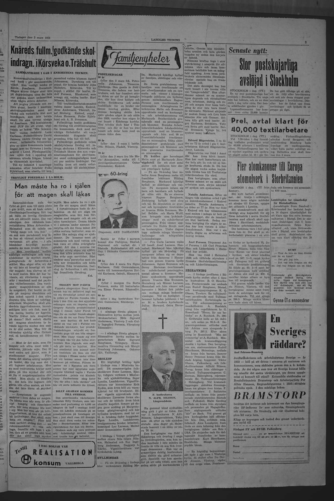 Laholms Tidning Tisdag 2 mars 1954, sida 3