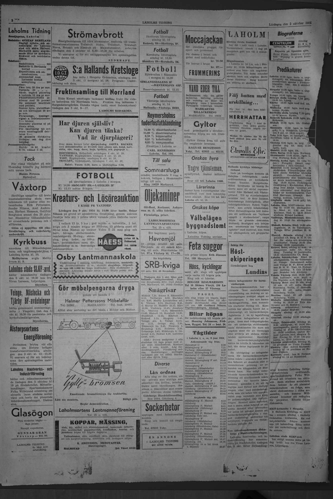 Laholms Tidning Lördag 2 oktober 1954, sida 2