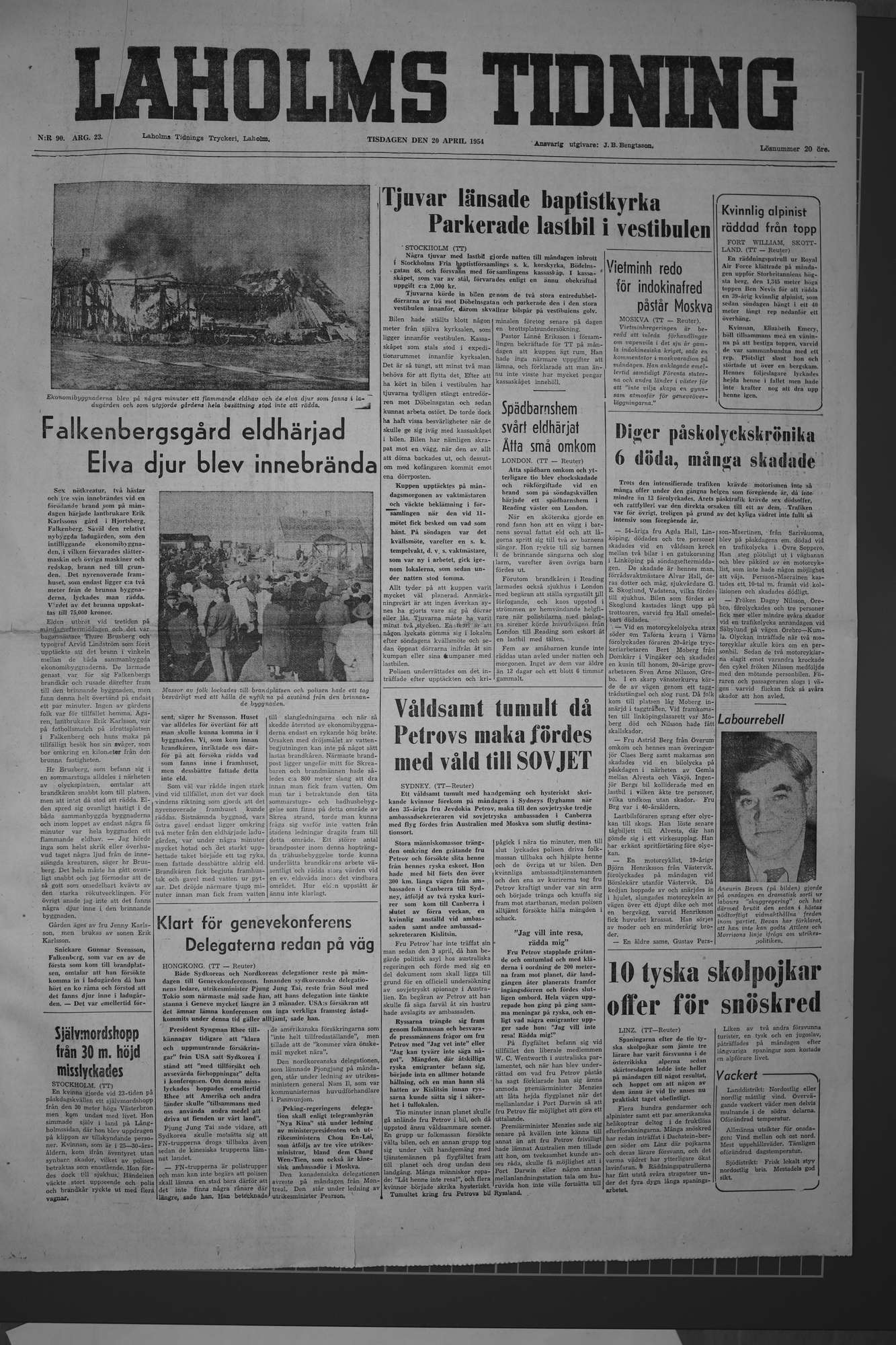 Laholms Tidning Tisdag 20 april 1954, sida 1