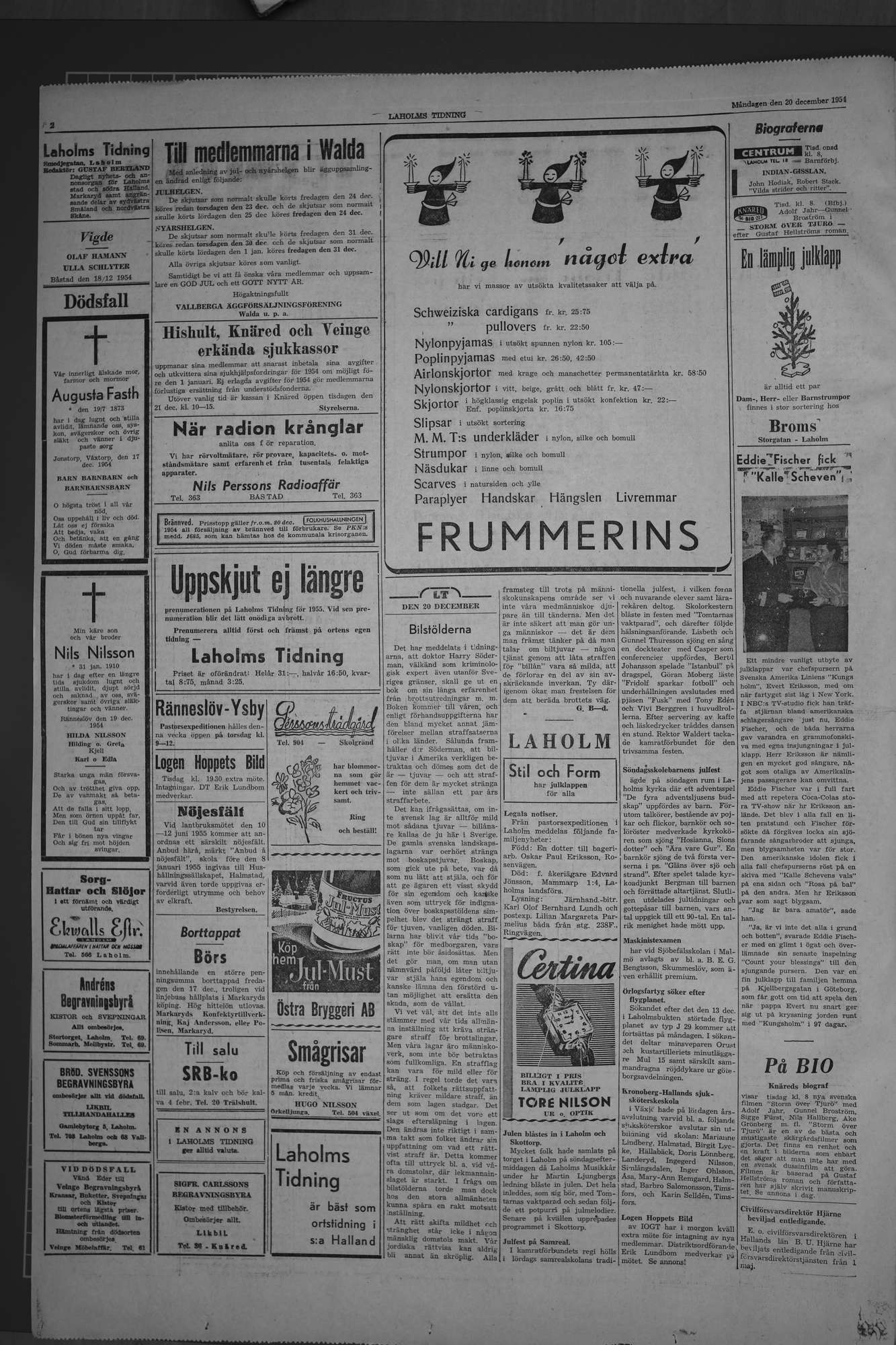 Laholms Tidning Måndag 20 december 1954, sida 2