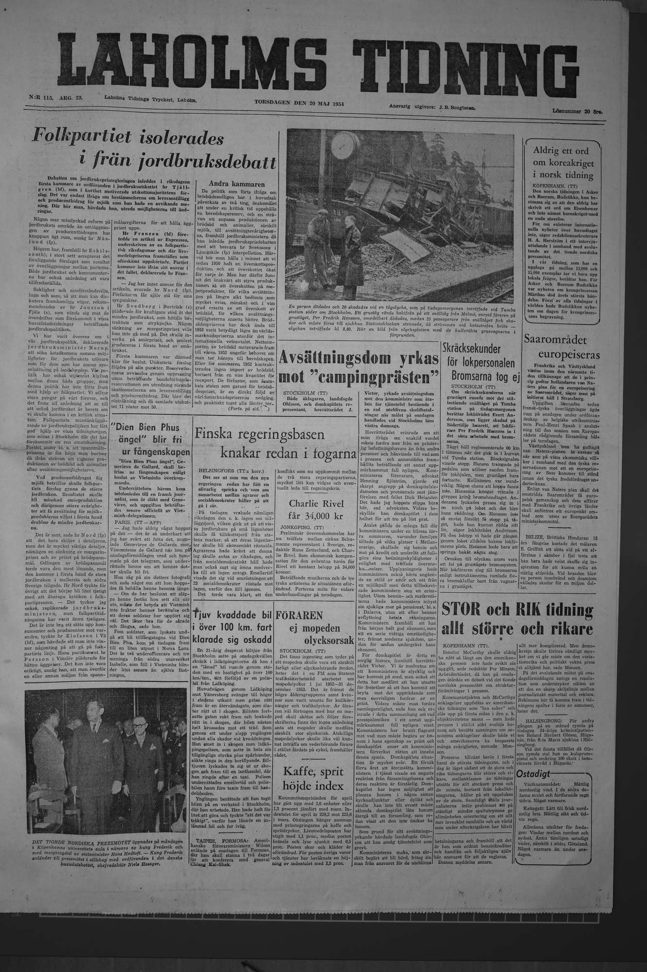 Laholms Tidning Torsdag 20 maj 1954, sida 1