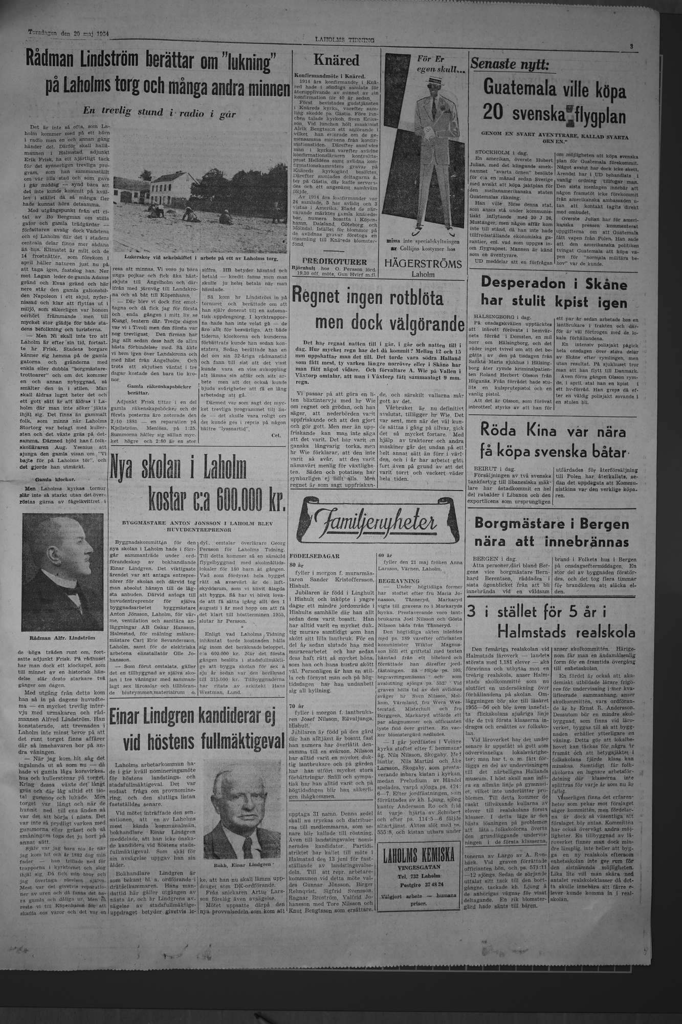 Laholms Tidning Torsdag 20 maj 1954, sida 3