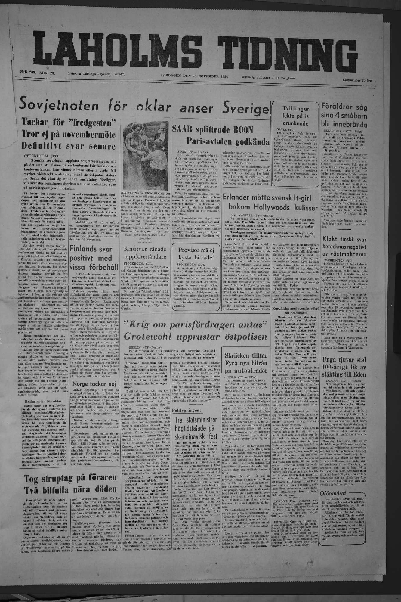 Laholms Tidning Lördag 20 november 1954, sida 1