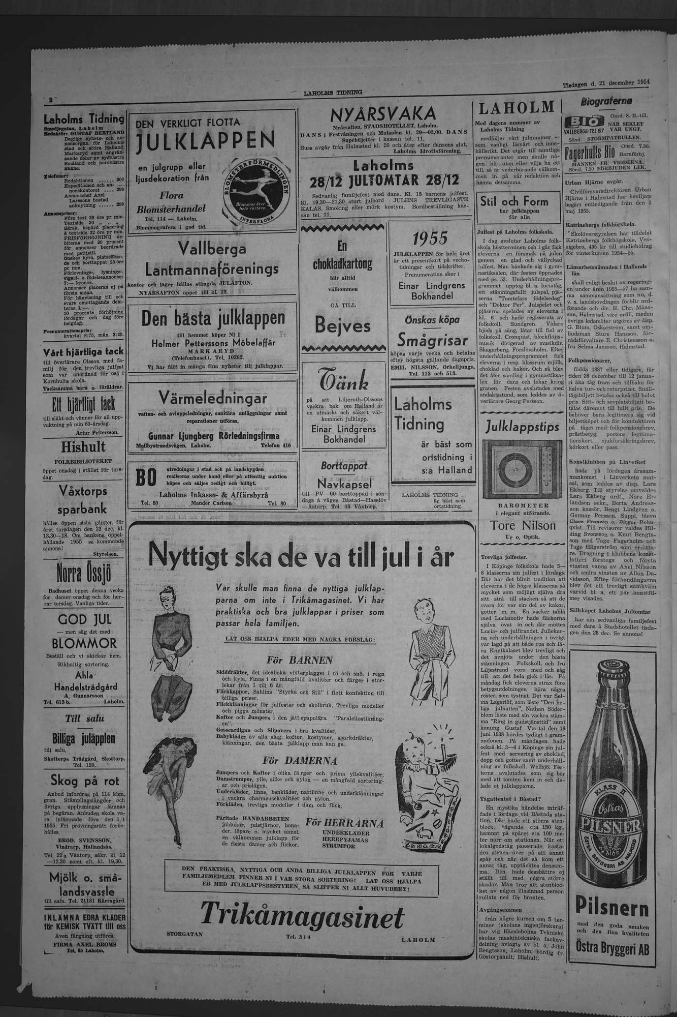 Laholms Tidning Tisdag 21 december 1954, sida 2