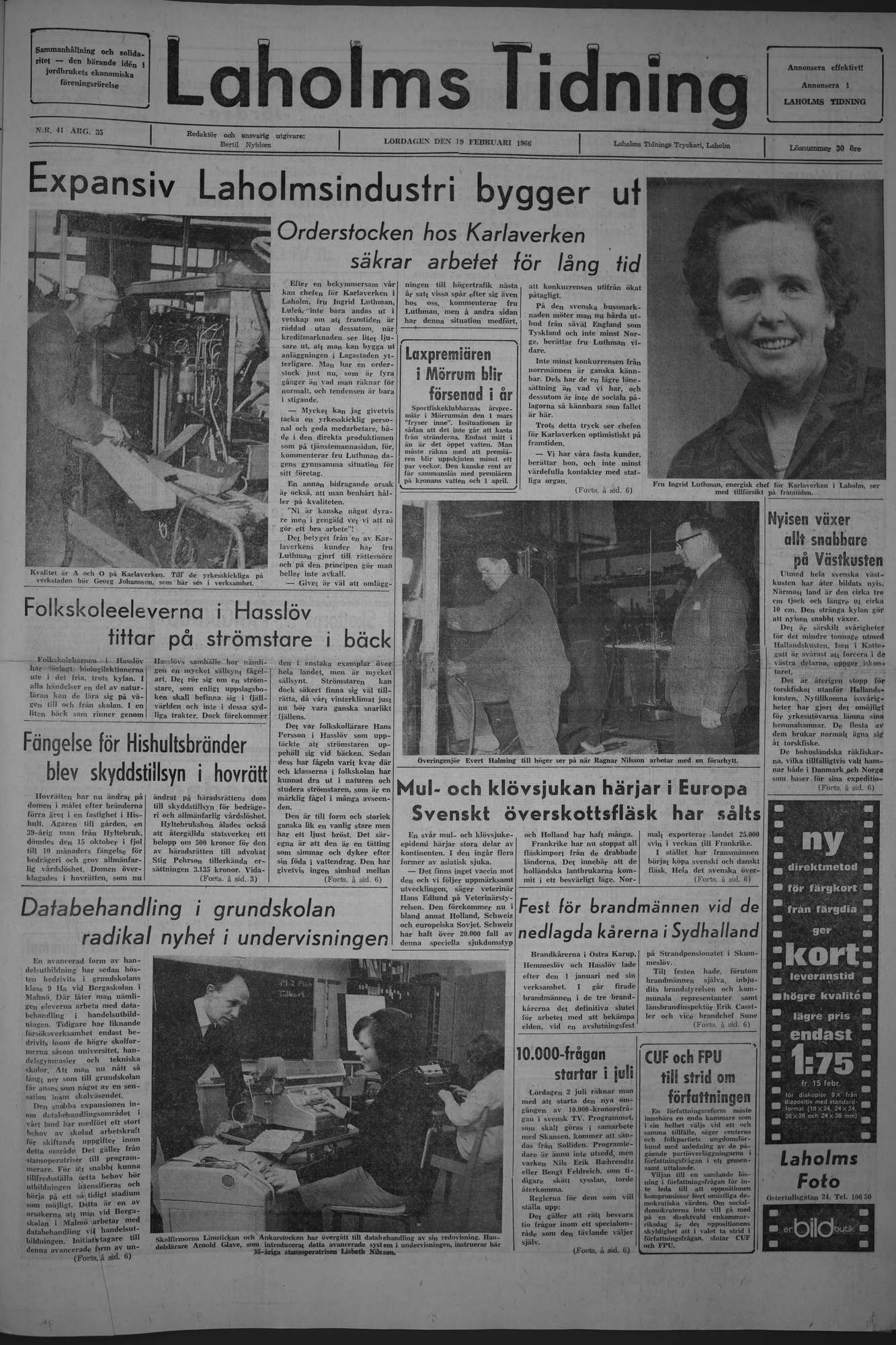 Laholms Tidning Lördag 19 februari 1966, sida 1