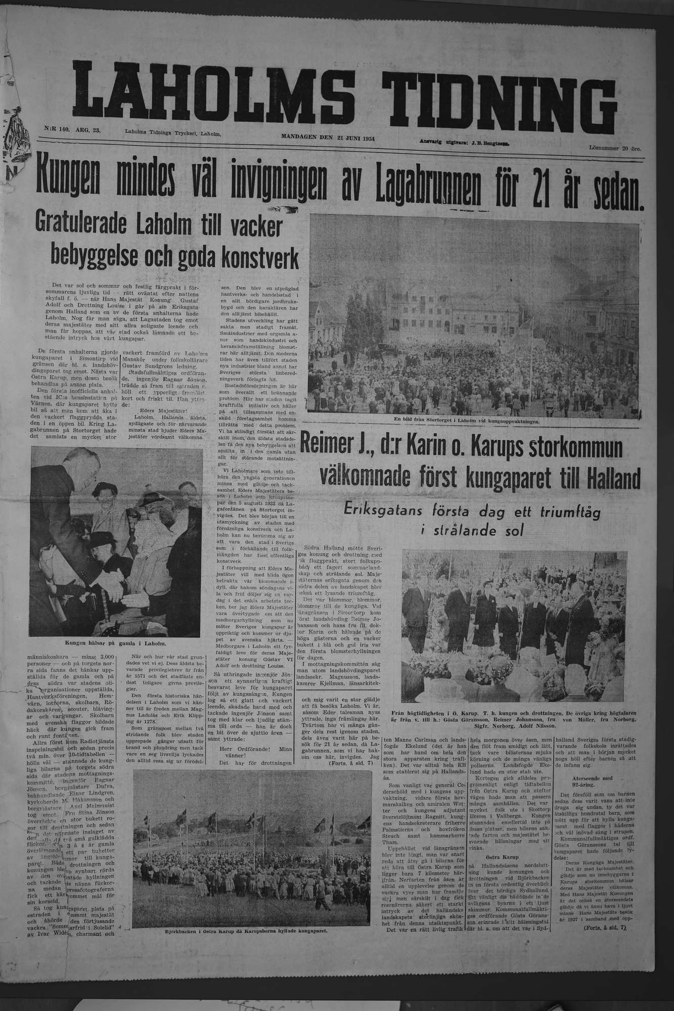 Laholms Tidning Måndag 21 juni 1954, sida 1