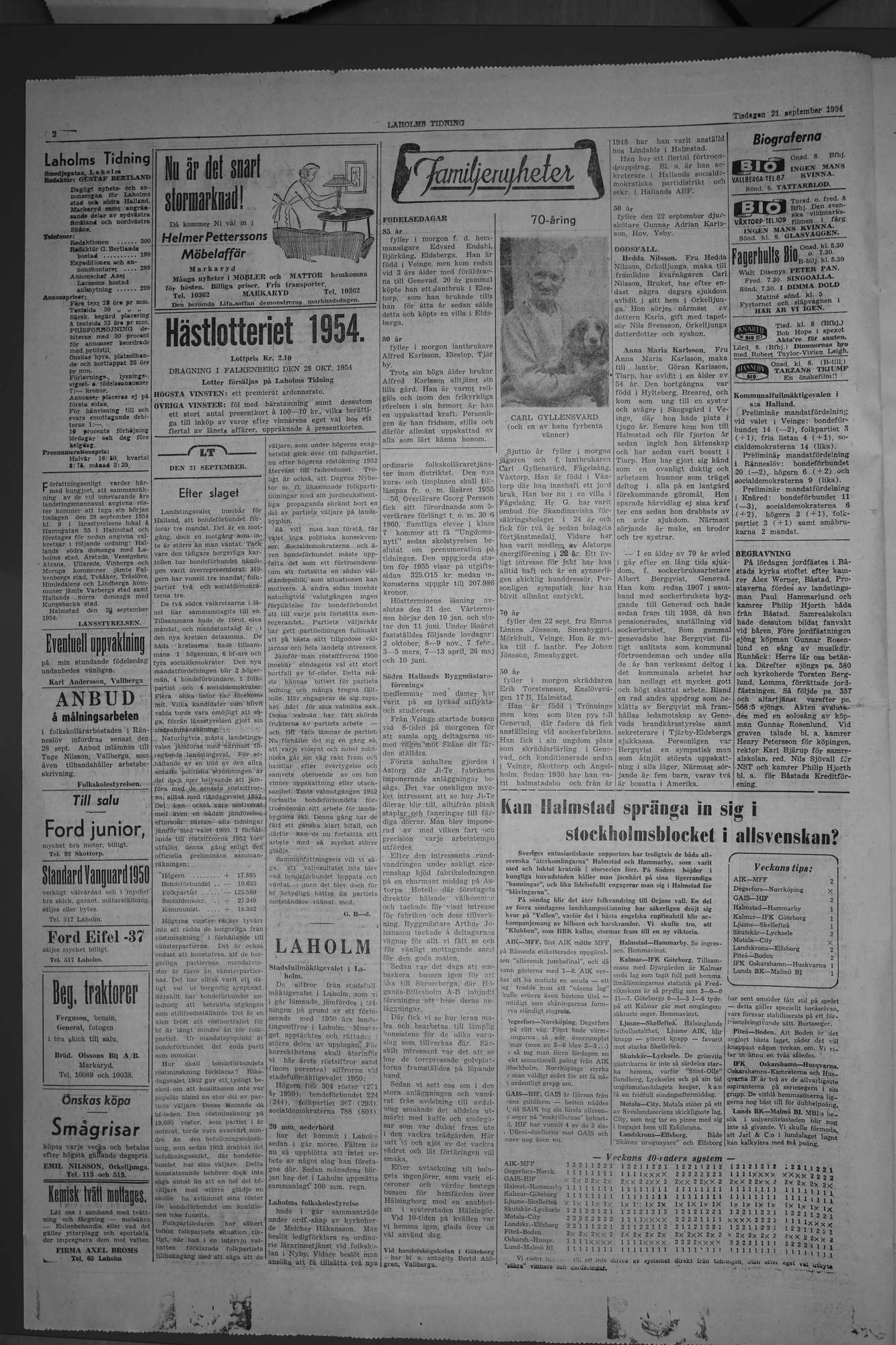 Laholms Tidning Tisdag 21 september 1954, sida 2
