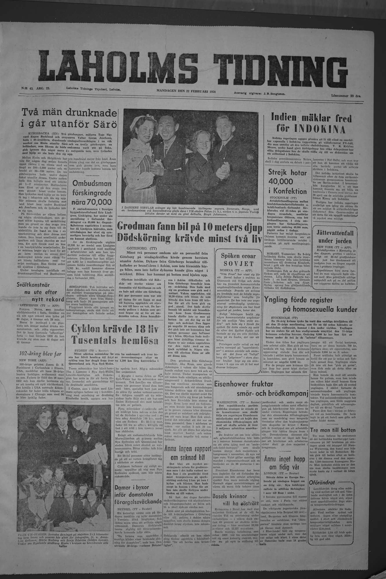 Laholms Tidning Måndag 22 februari 1954, sida 1