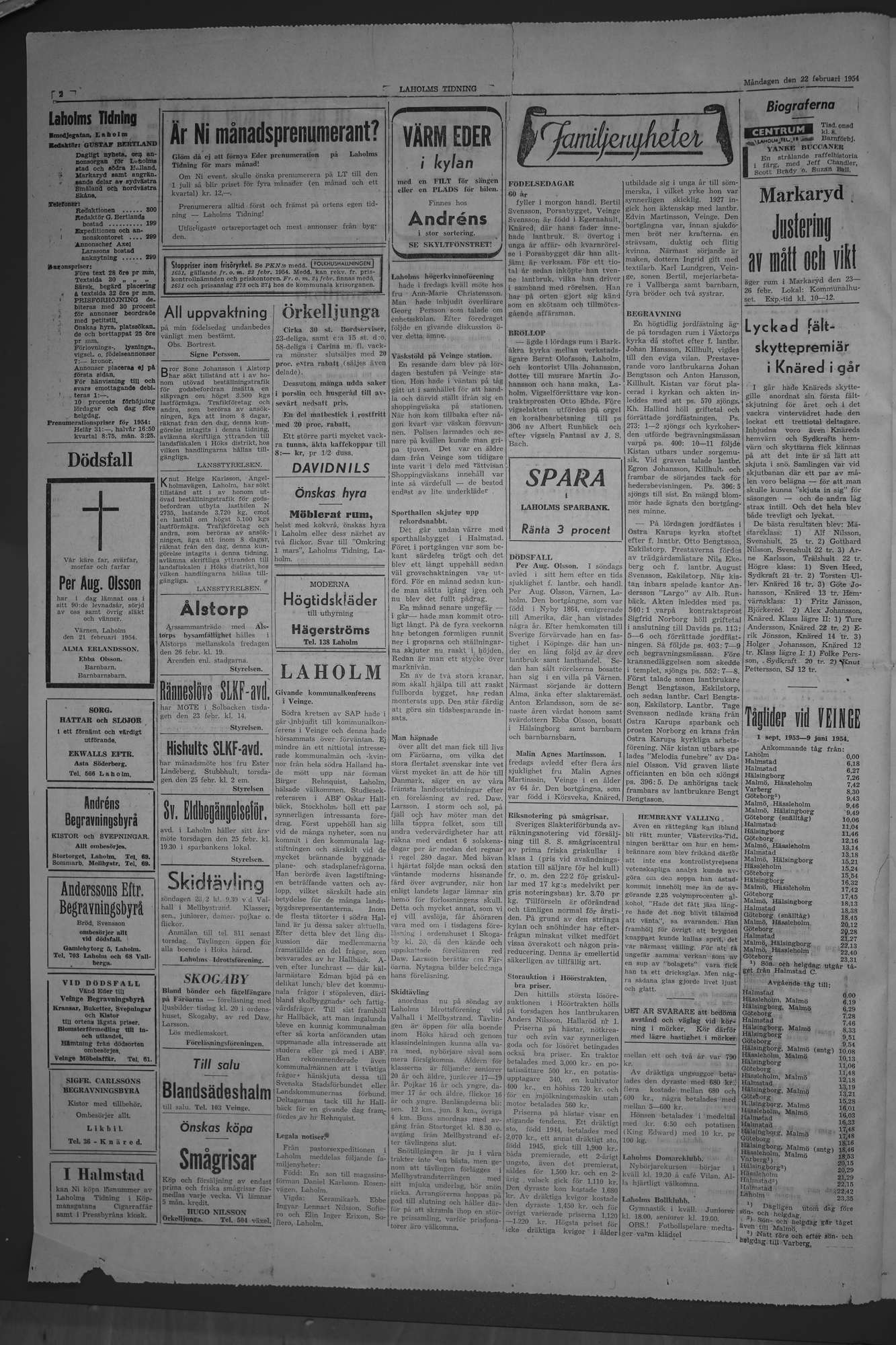 Laholms Tidning Måndag 22 februari 1954, sida 2
