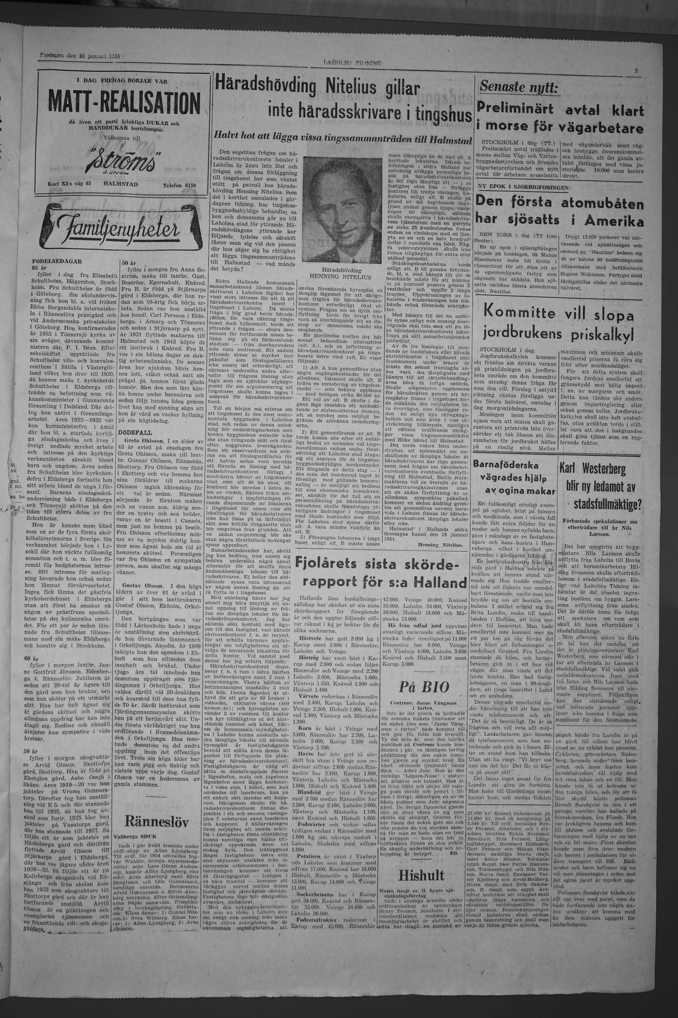Laholms Tidning Fredag 22 januari 1954, sida 3