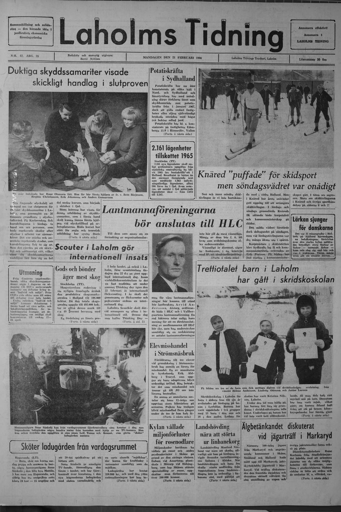 Laholms Tidning Måndag 21 februari 1966, sida 1
