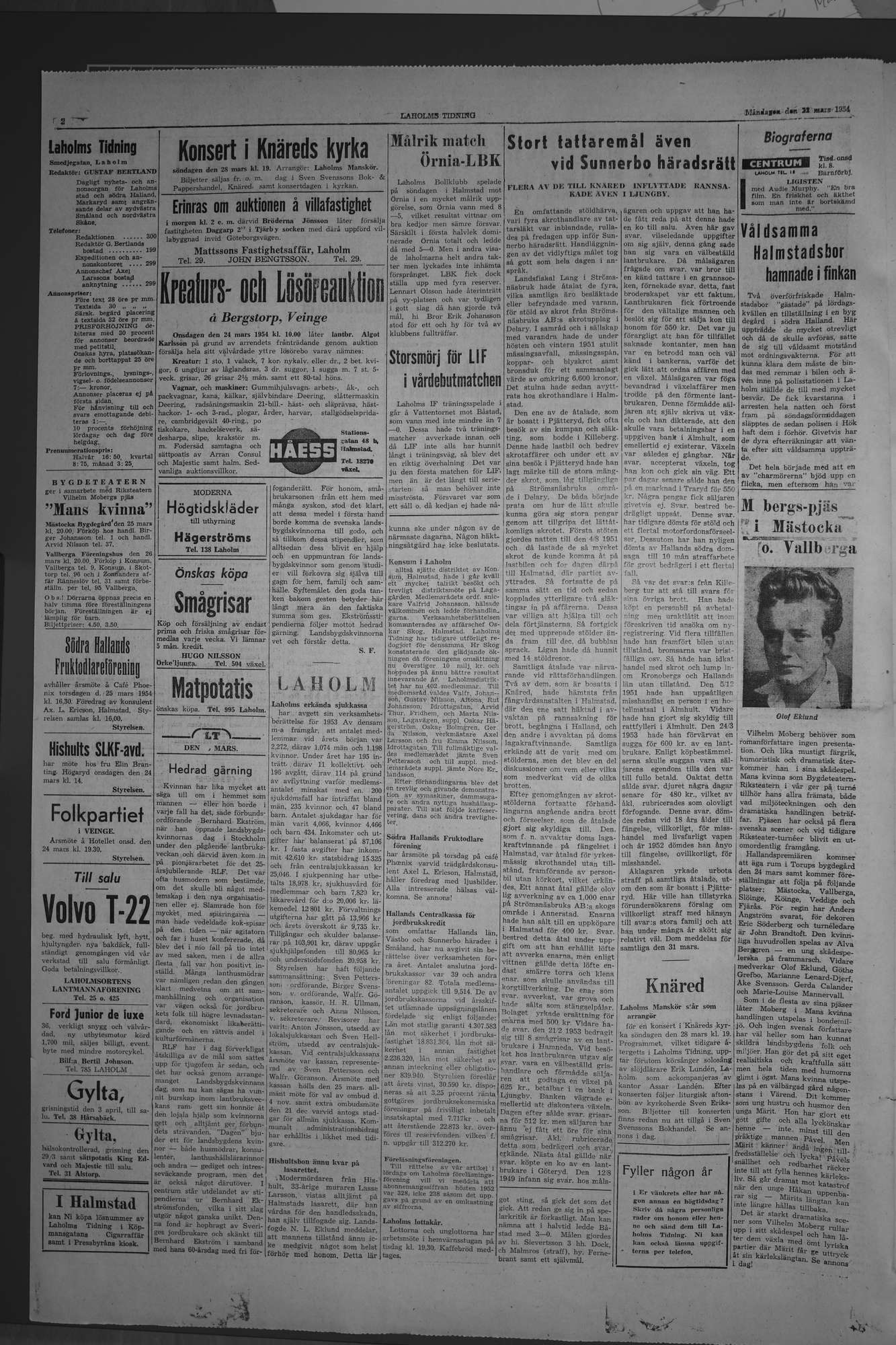 Laholms Tidning Måndag 22 mars 1954, sida 2