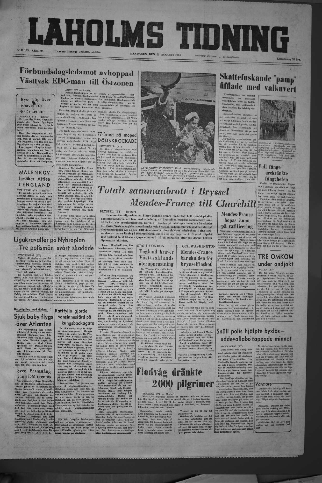 Laholms Tidning Måndag 23 augusti 1954, sida 1