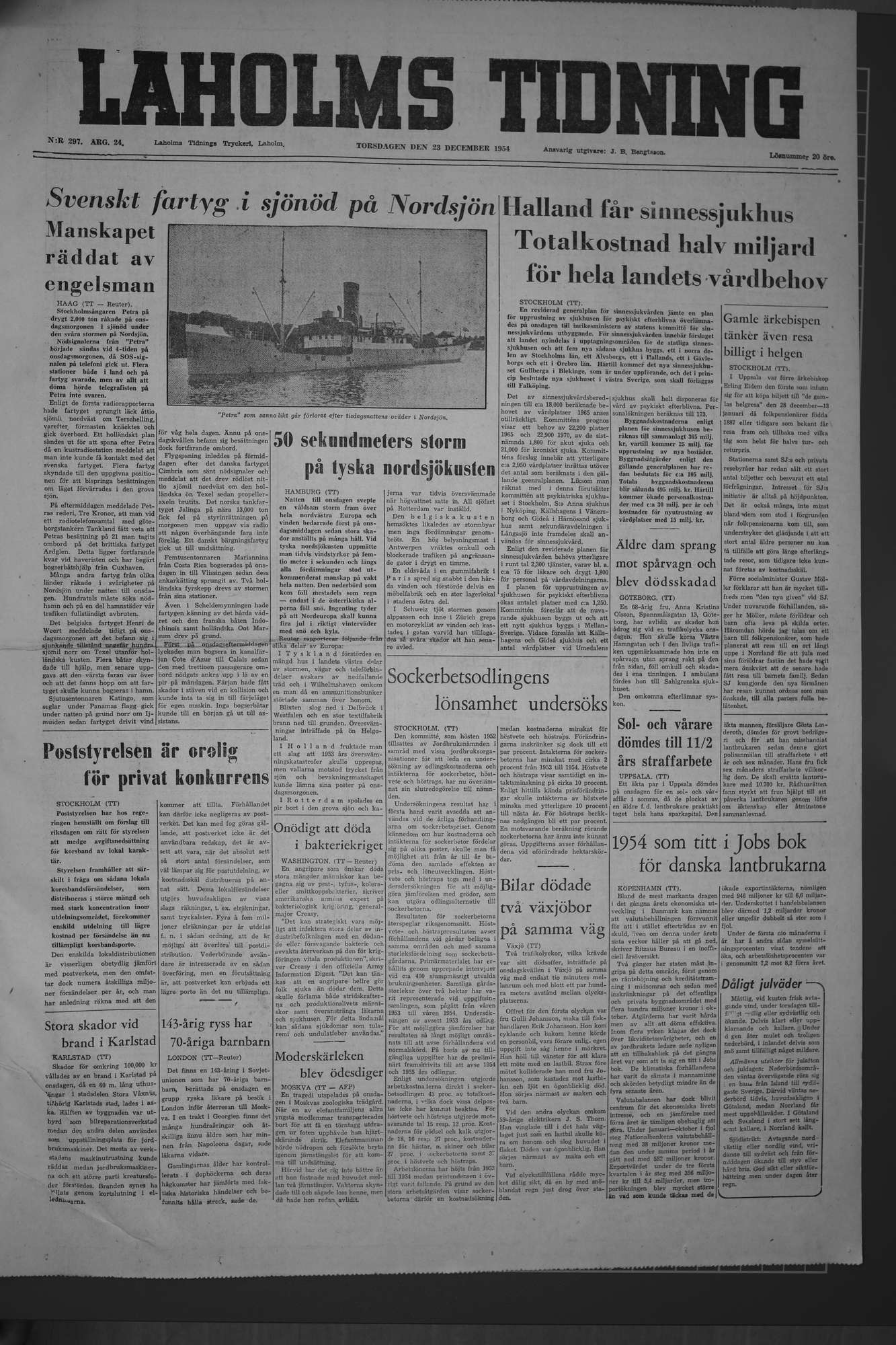 Laholms Tidning Torsdag 23 december 1954, sida 1