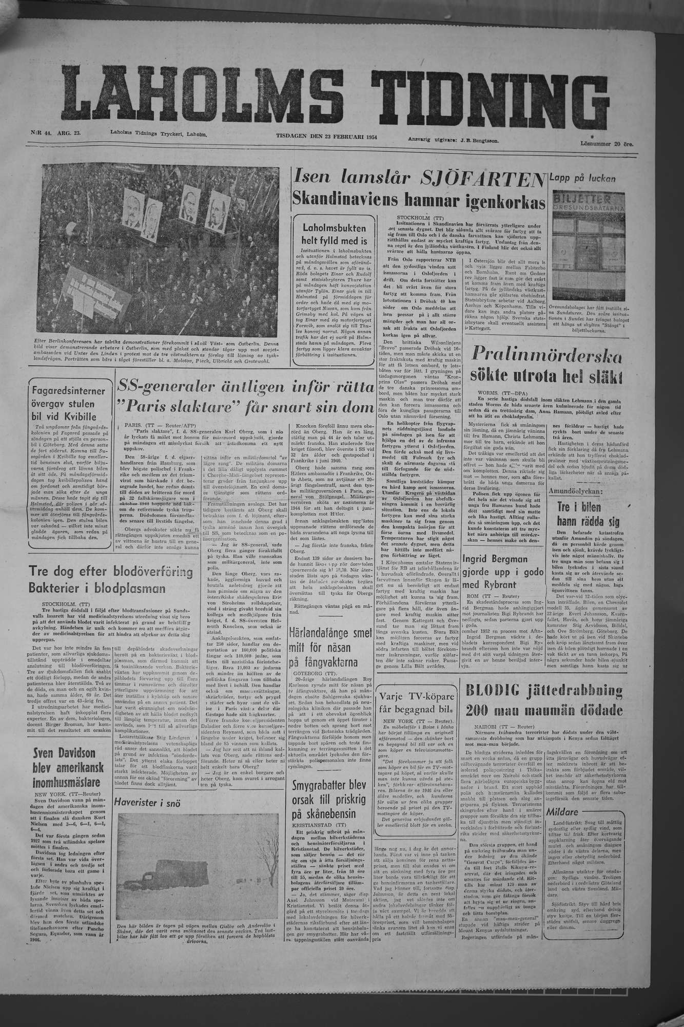 Laholms Tidning Tisdag 23 februari 1954, sida 1