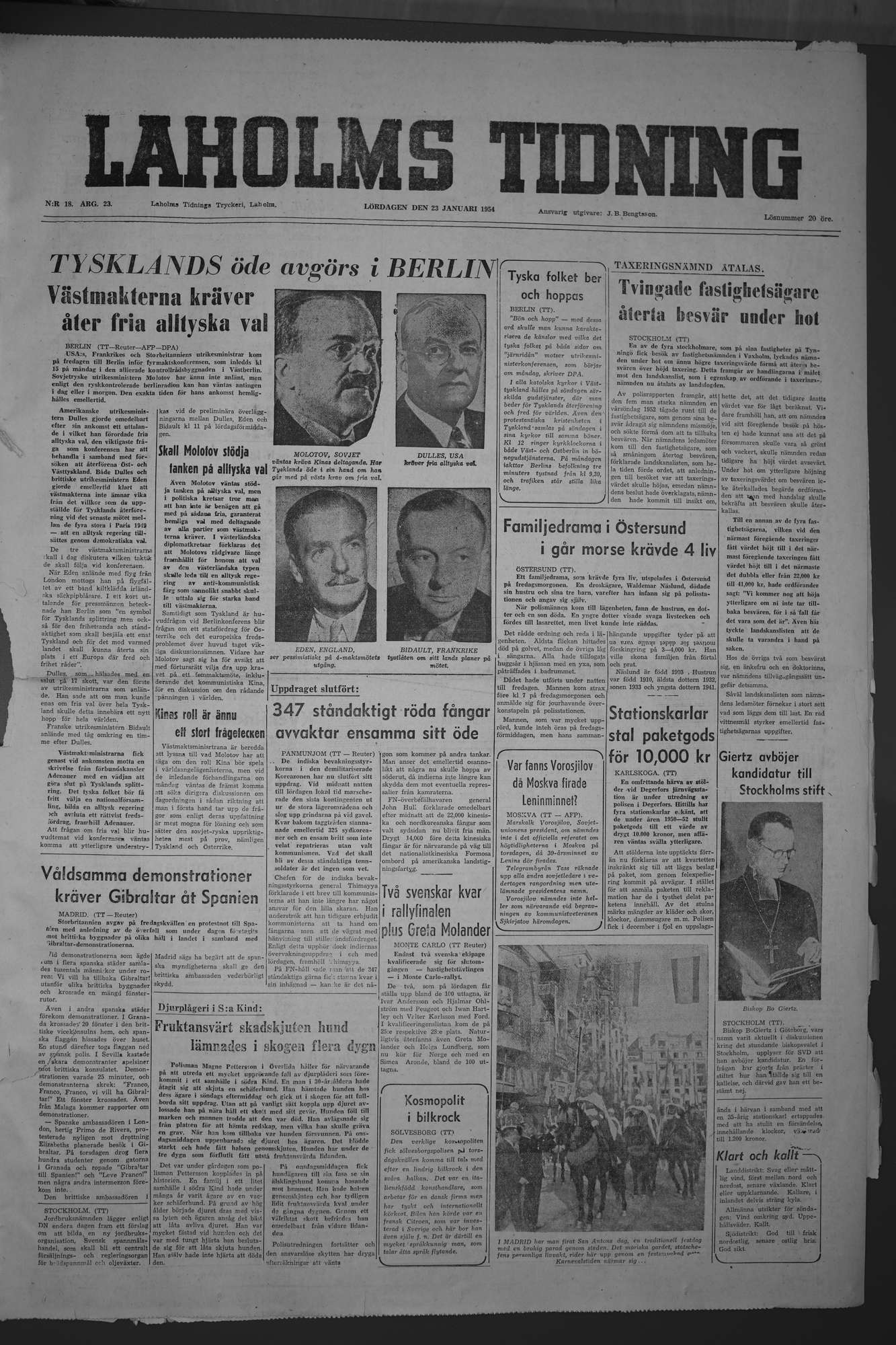 Laholms Tidning Lördag 23 januari 1954, sida 1