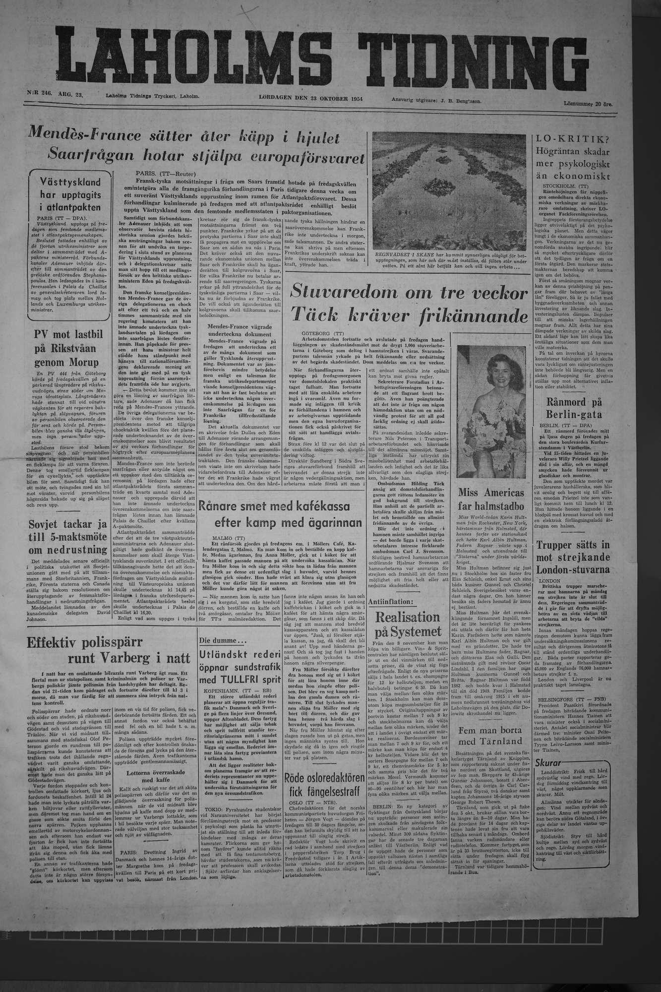 Laholms Tidning Lördag 23 oktober 1954, sida 1