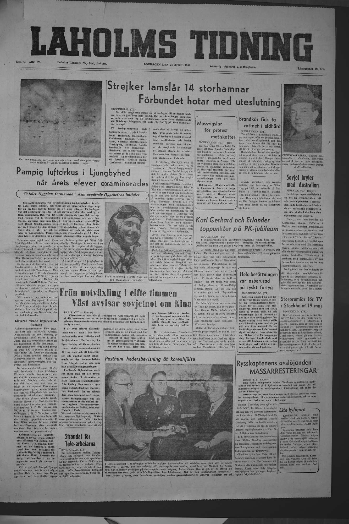 Laholms Tidning Lördag 24 april 1954, sida 1