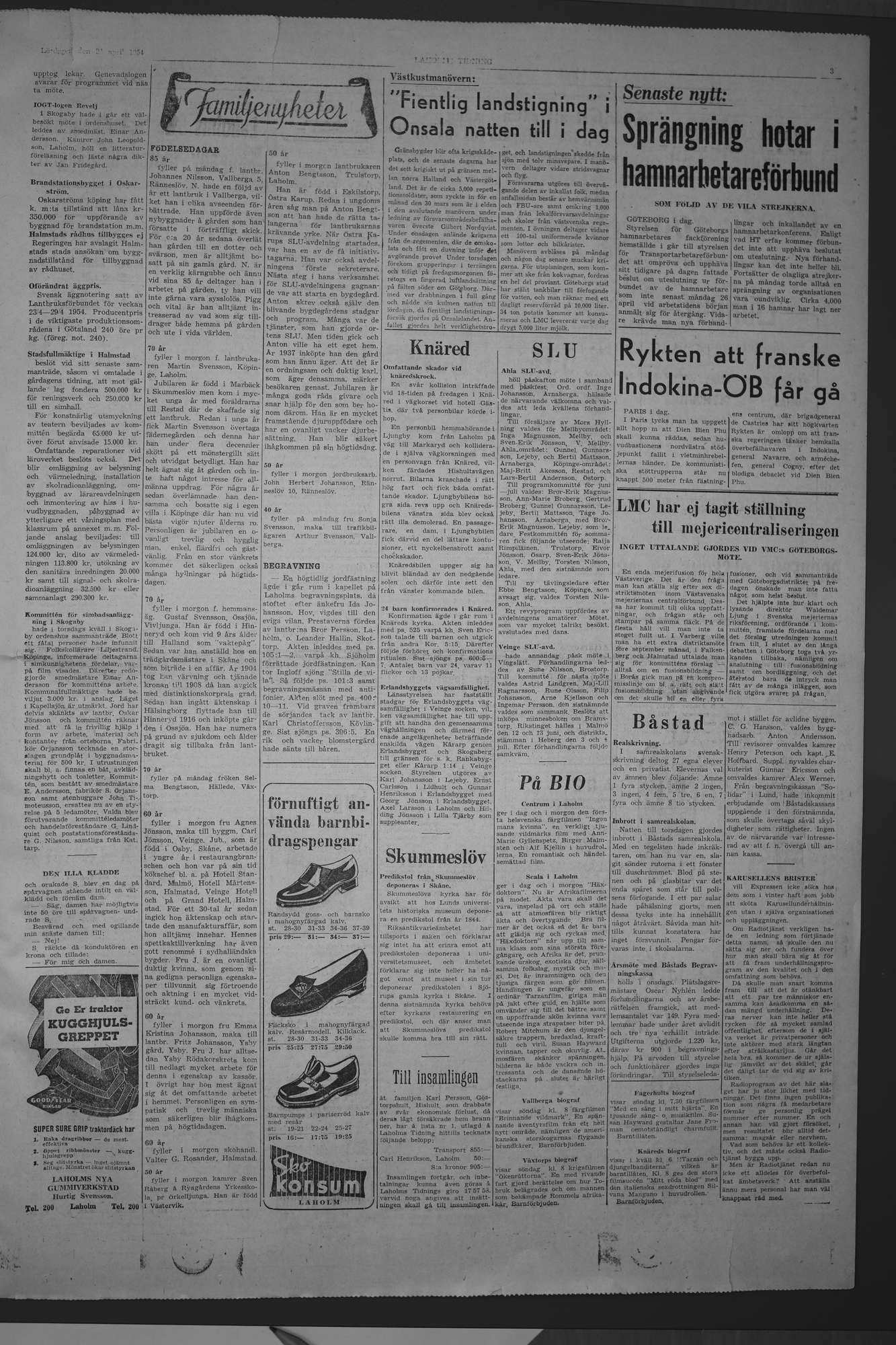 Laholms Tidning Lördag 24 april 1954, sida 3
