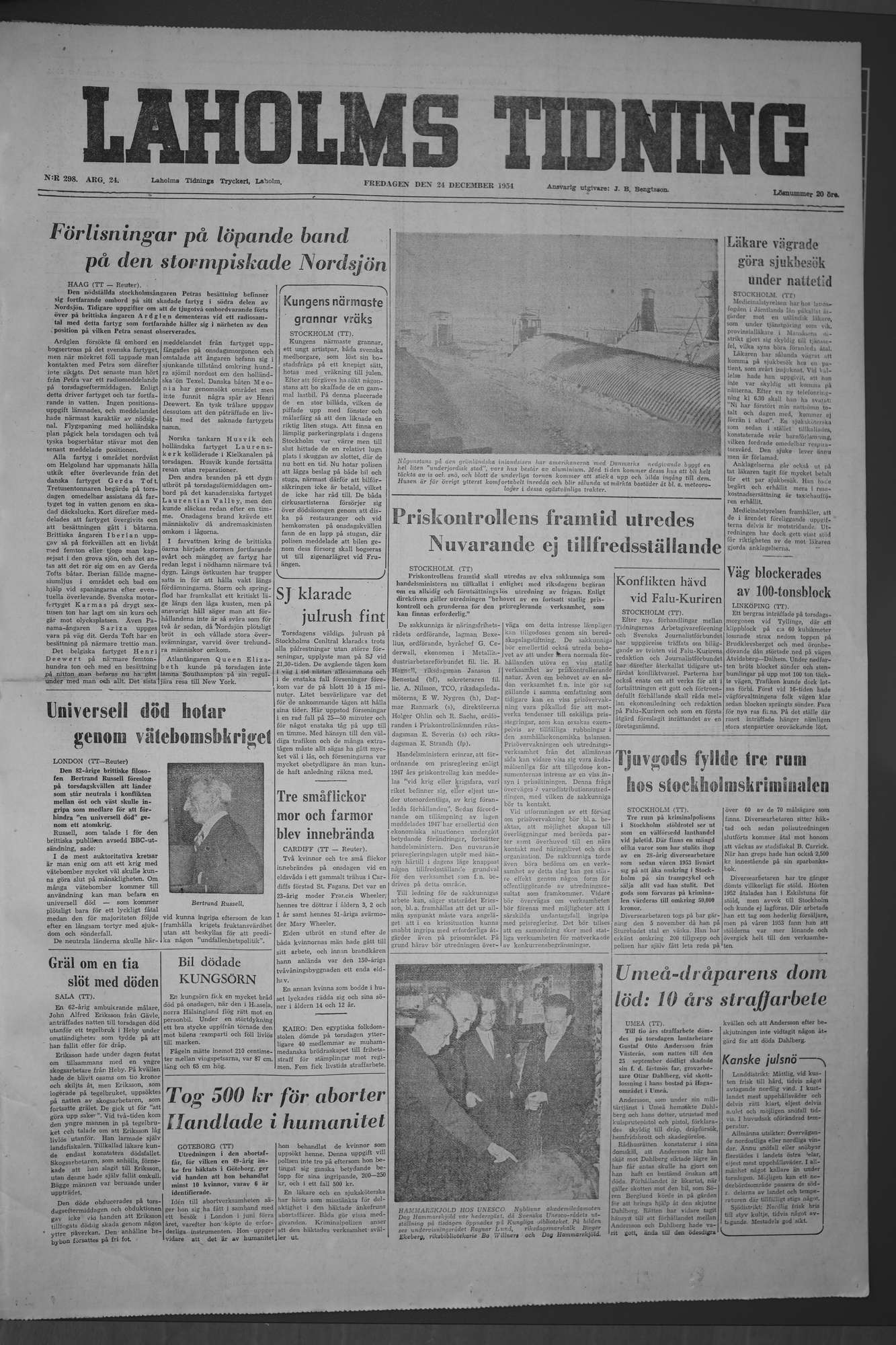 Laholms Tidning Fredag 24 december 1954, sida 1